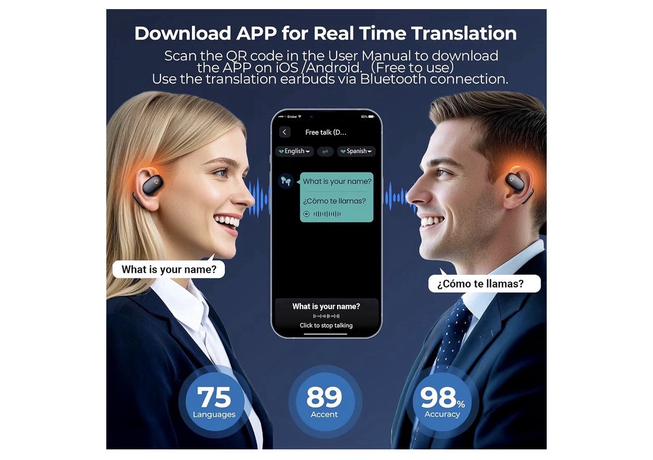 AI Translation Open-Ear Bluetooth Ear-Hook Earbuds w/ Case Black/Orange