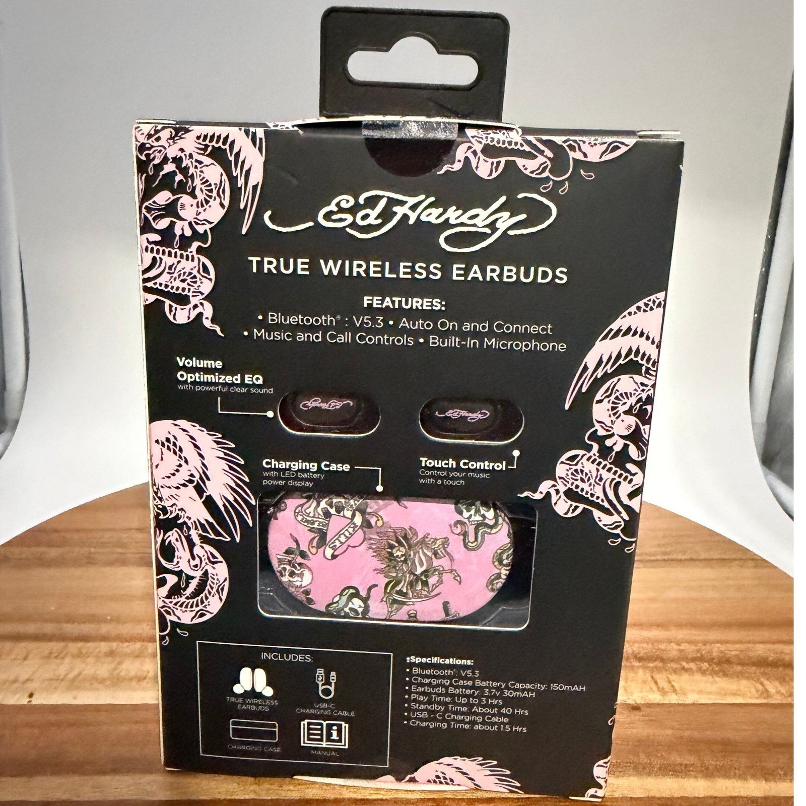 Ed Hardy Pink Wireless Headphones, Earbuds and 20W Wall Charger 3pc Bundle 0695