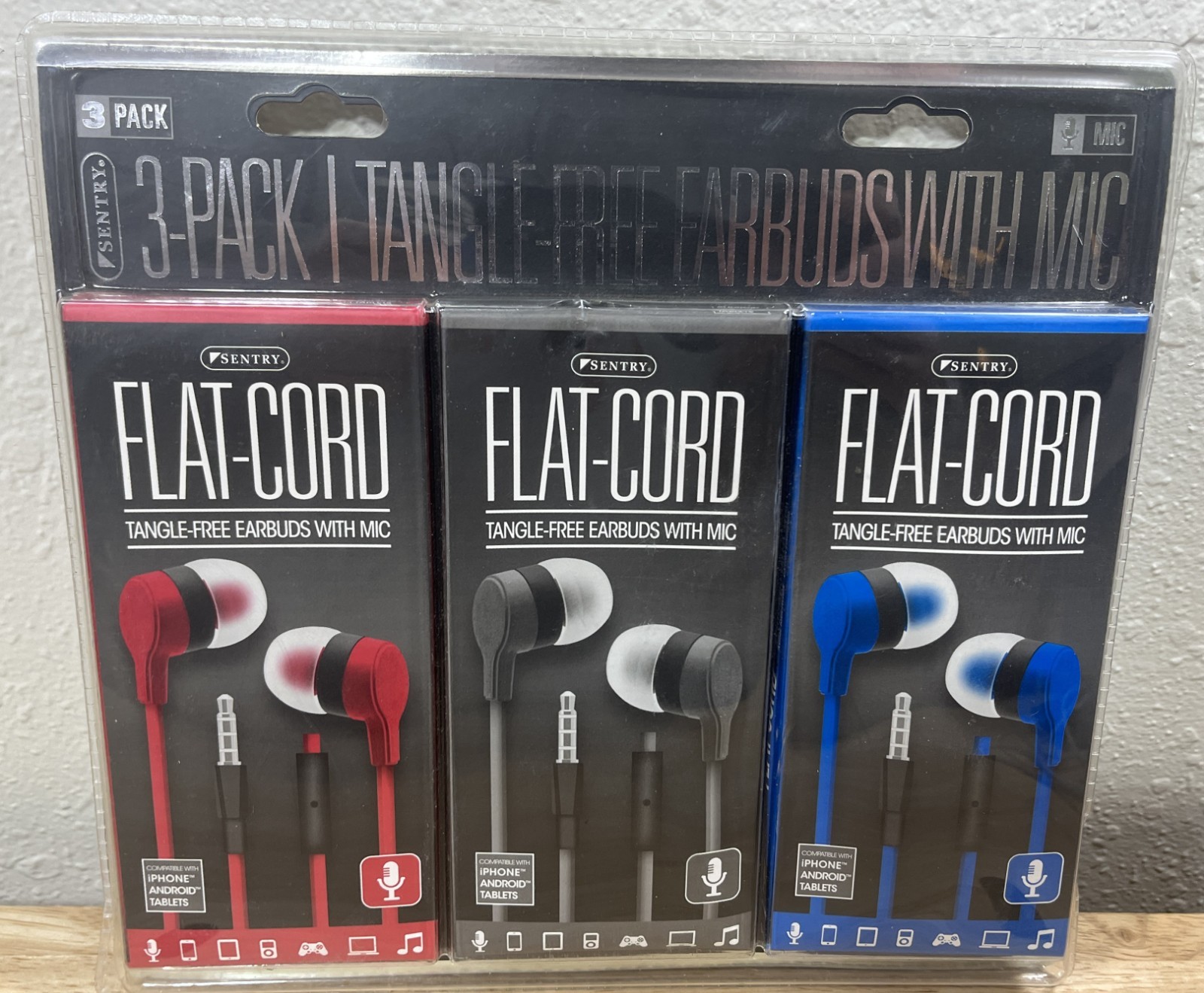 Sentry 3 Pack Flat-Cord Tangle Free Earbuds W/Mic – Red Gray Blue – HM115PK New