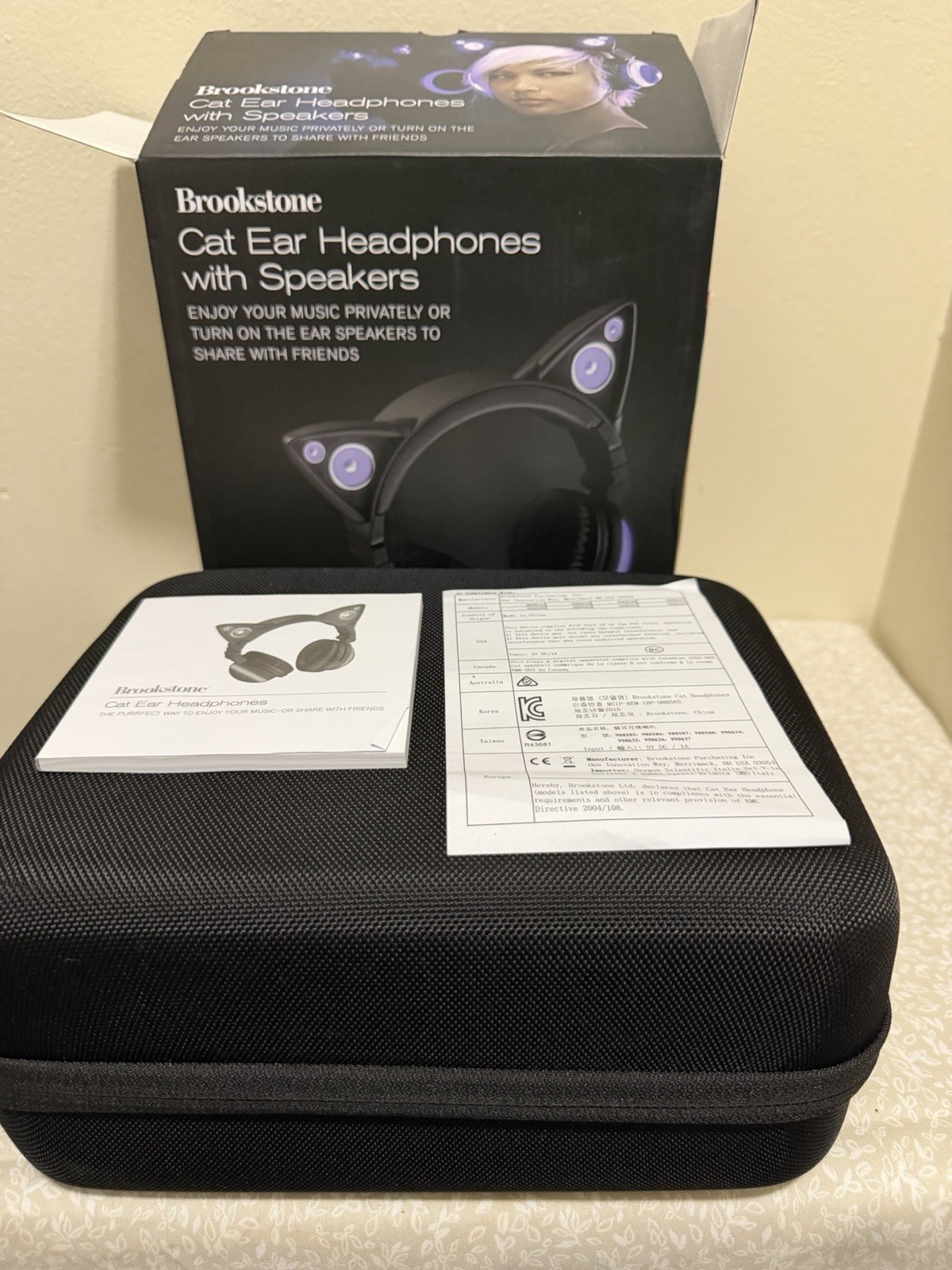 Brookstone Purple Black Cat Ear Headphones w/ Storage Case and Micro USB Cable