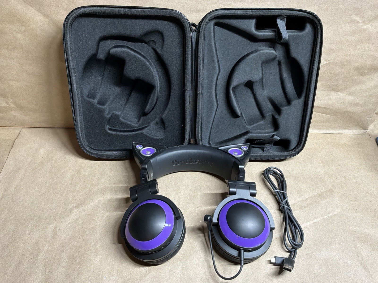 Brookstone Purple Black Cat Ear Headphones w/ Storage Case and Micro USB Cable