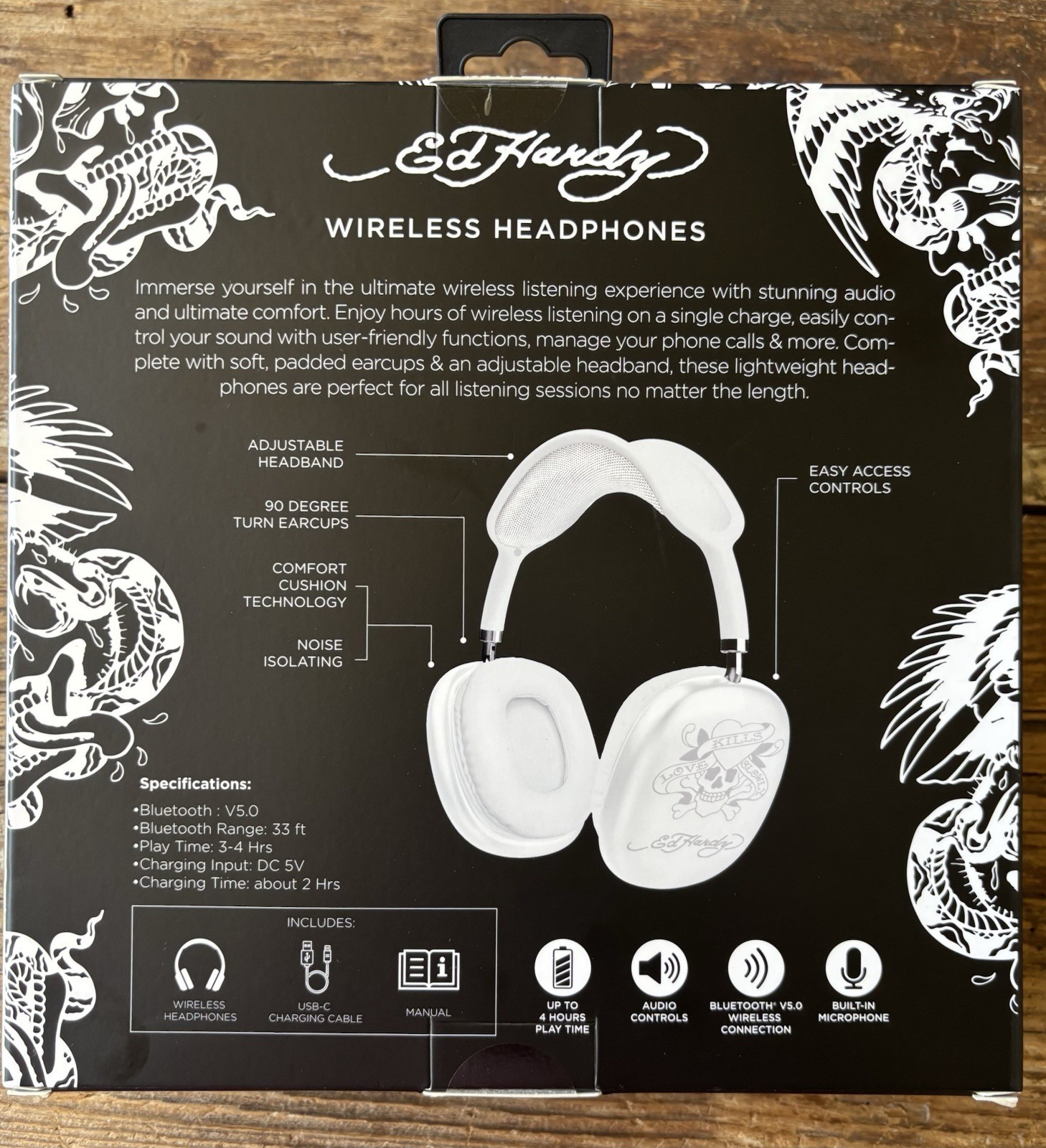 Ed Hardy Kills Slowly White V5.0 Bluetooth Headphones, Built-In Mic, White