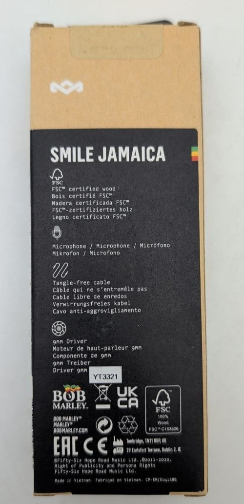 House Of Marley Smile Jamaica Wired Earbuds 9mm Drivers In Ear Microphone Black