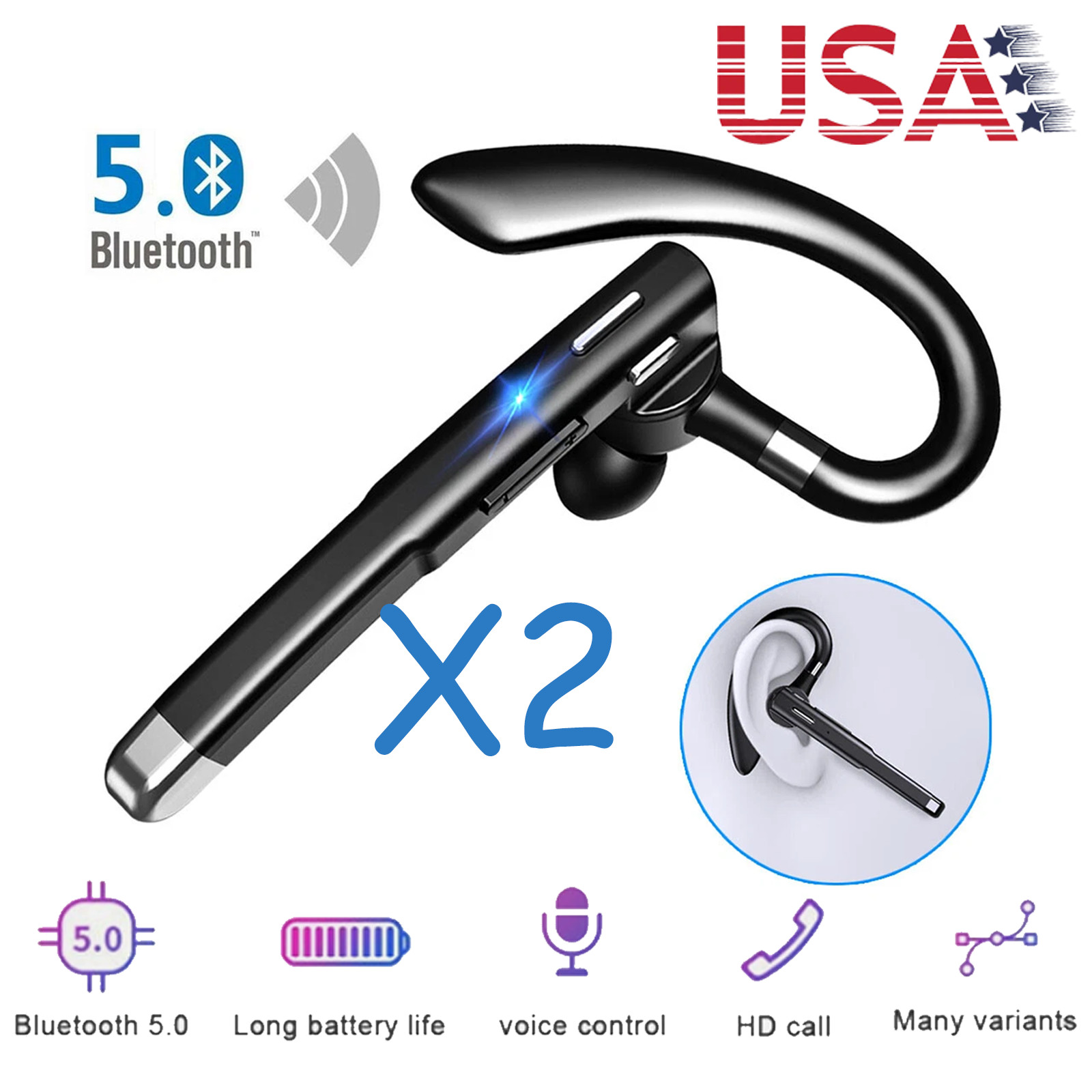 Trucker Wireless Headset Bluetooth 5.1 Earpiece Dual Mic Earbud Noise Cancelling