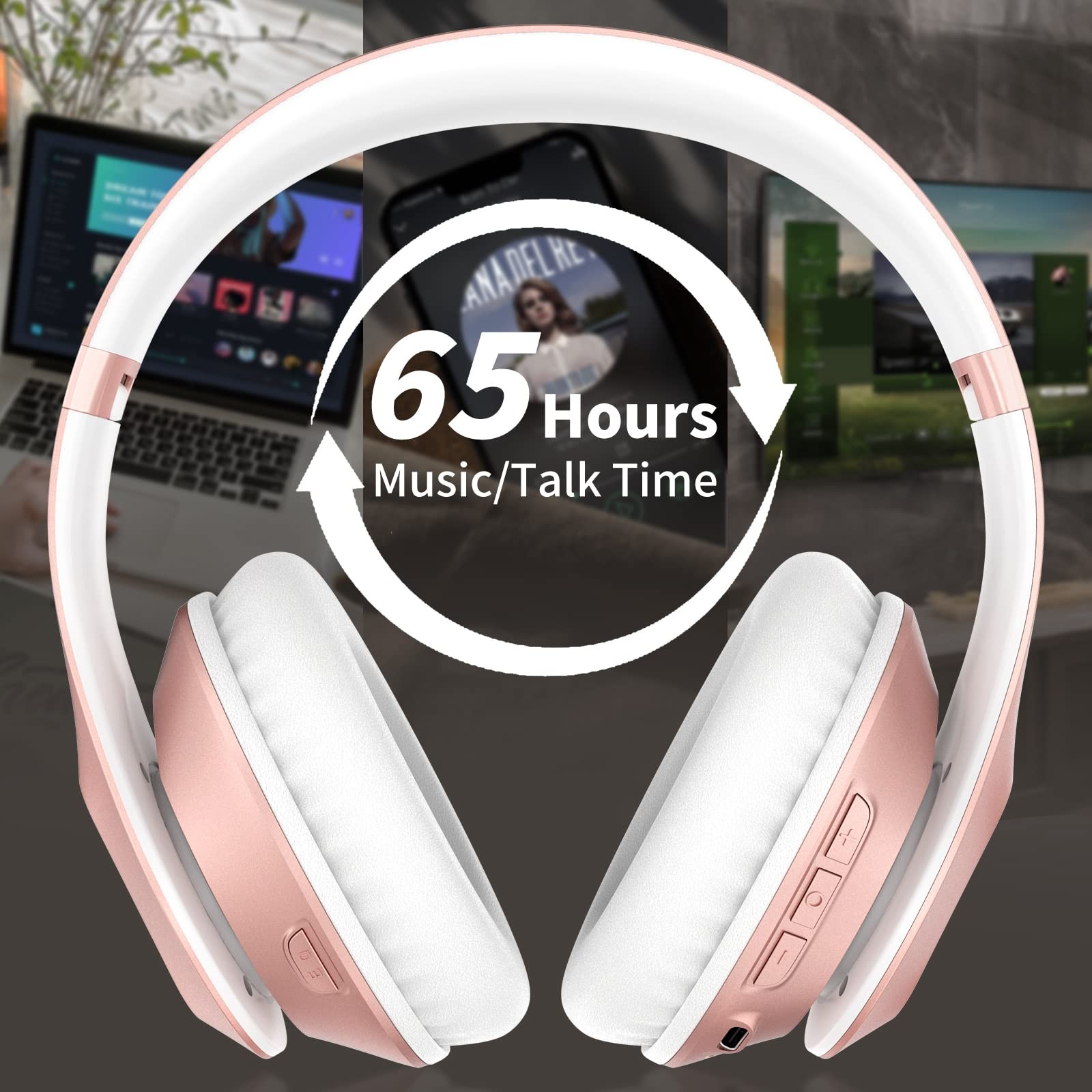 Wireless Bluetooth 6.0 Headphones Over Ear 65H Playtime 6 EQ Mic Rose Gold