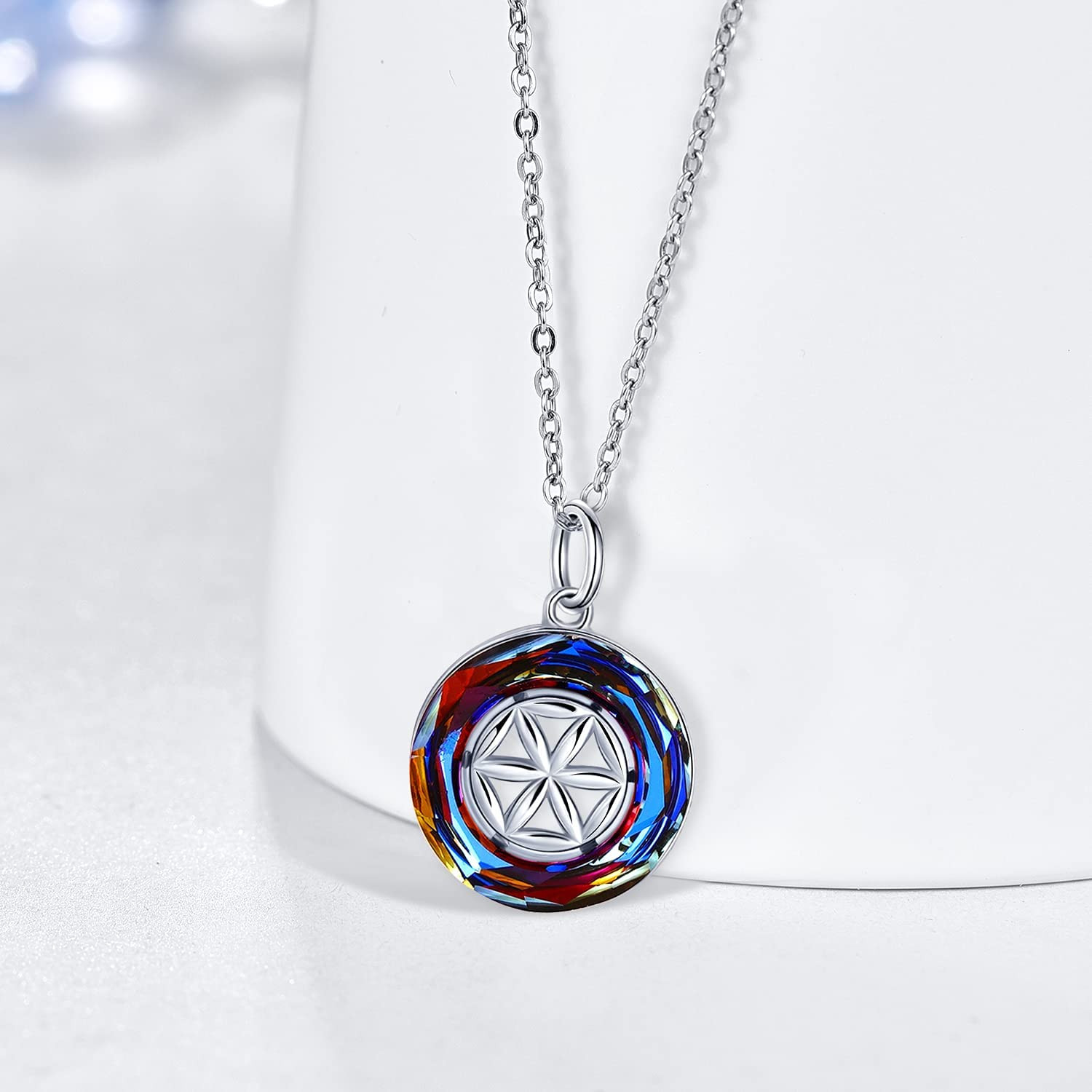 Crystal Necklace for Women 925 Sterling Silver Wheel Circle Healing Crystal Pend