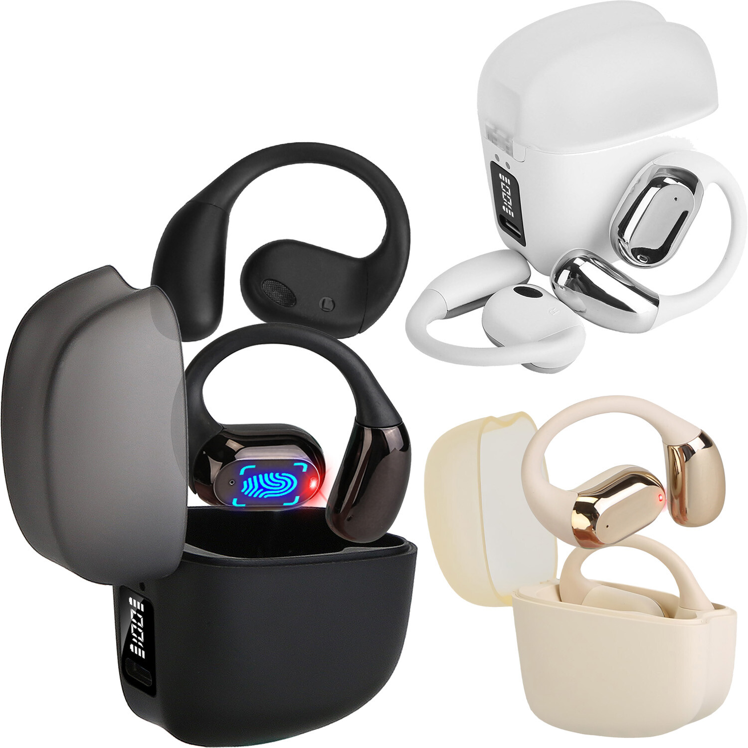 Open Ear Earbuds Wireless w/ Fashion Ear Hooks Clip on Design Display Waterproof