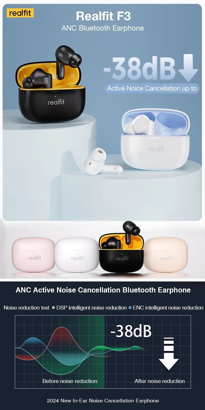 Realfit F3 ANC Bluetooth Earphones Wireless ENC Call HIFI Bass Sport Gaming