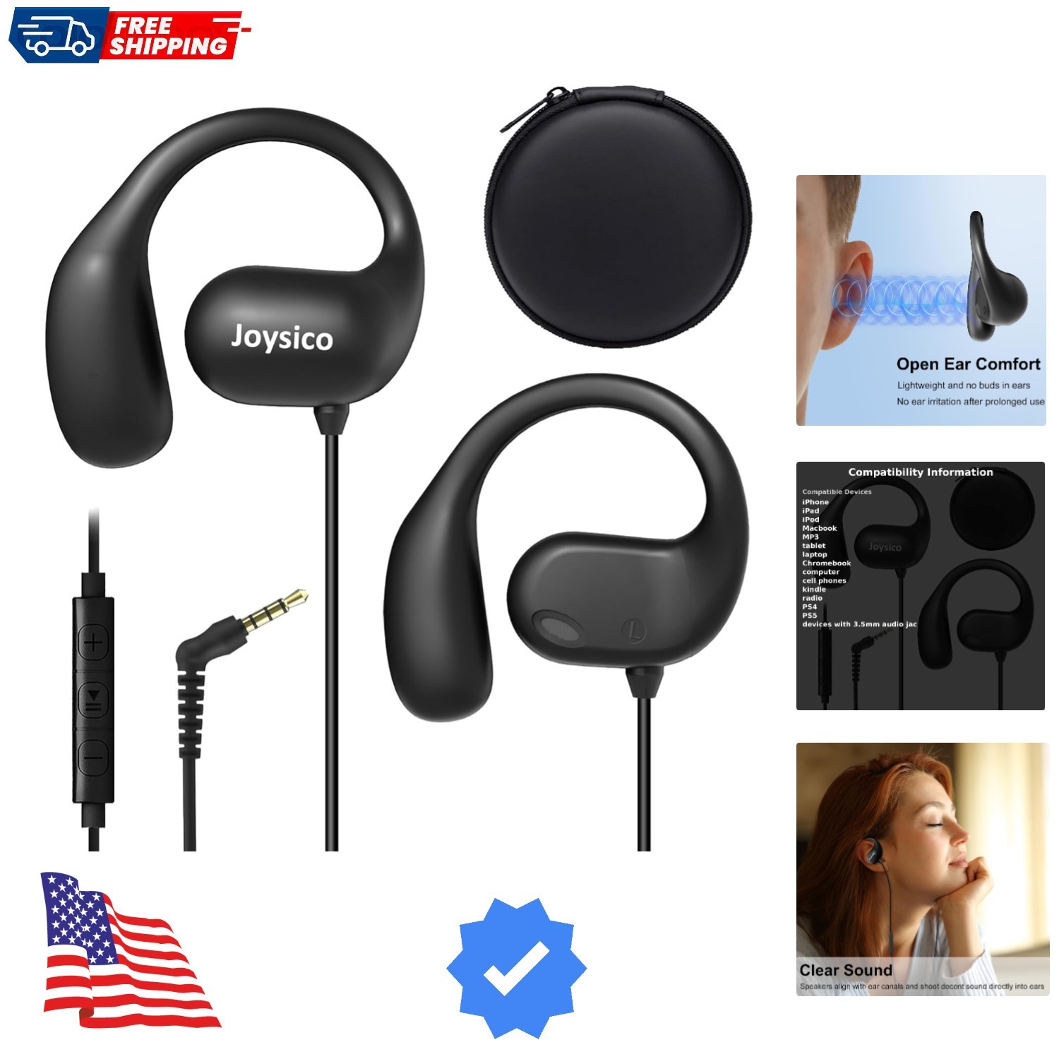 Joyico Wired Open Ear Headphones with Microphone, Volume Control, Wrap Around…