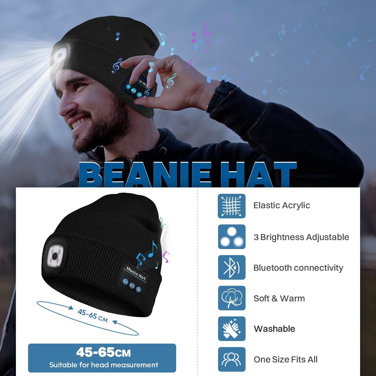 Bluetooth Beanie Hat Light Headlamp Cap Headphones Speaker Mic Gifts Men