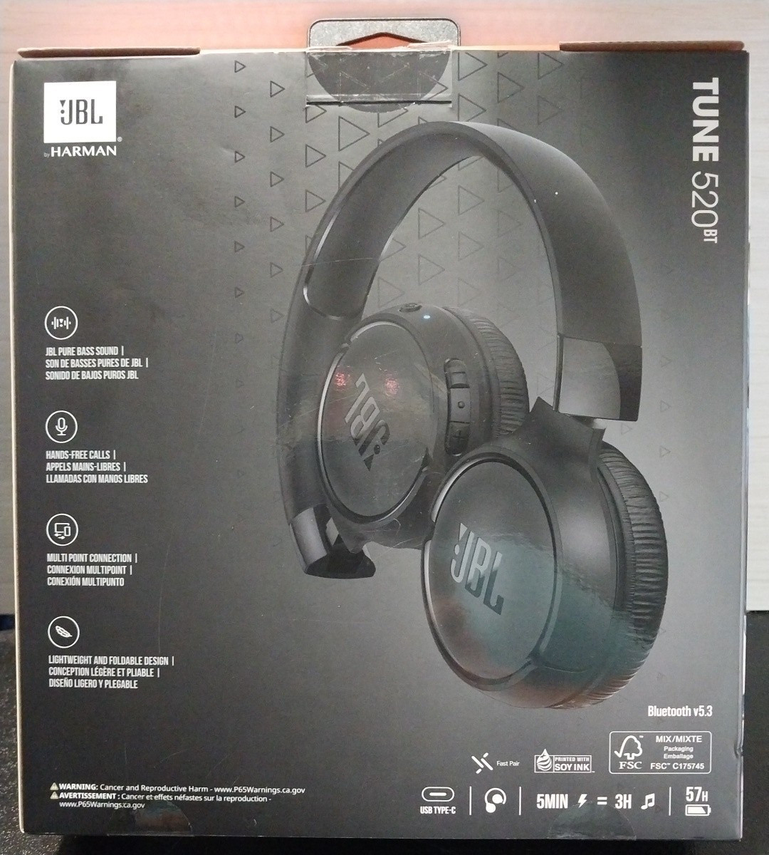 JBL Tune 520BT Wireless On-Ear Headphones Black Pure Bass Sound Voice Aware