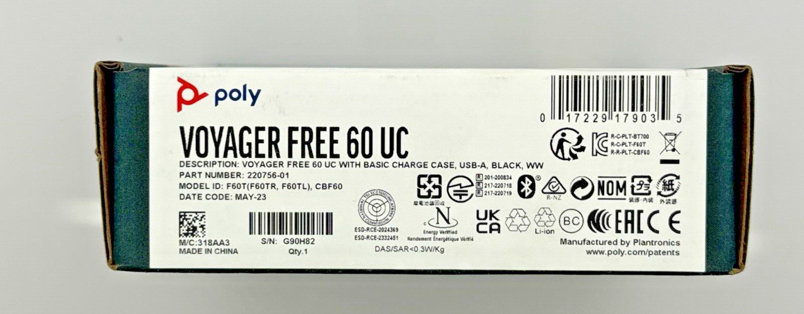Poly Voyager Free 60 UC USB-A Bluetooth Earbuds Basic Case W/partial charging ok