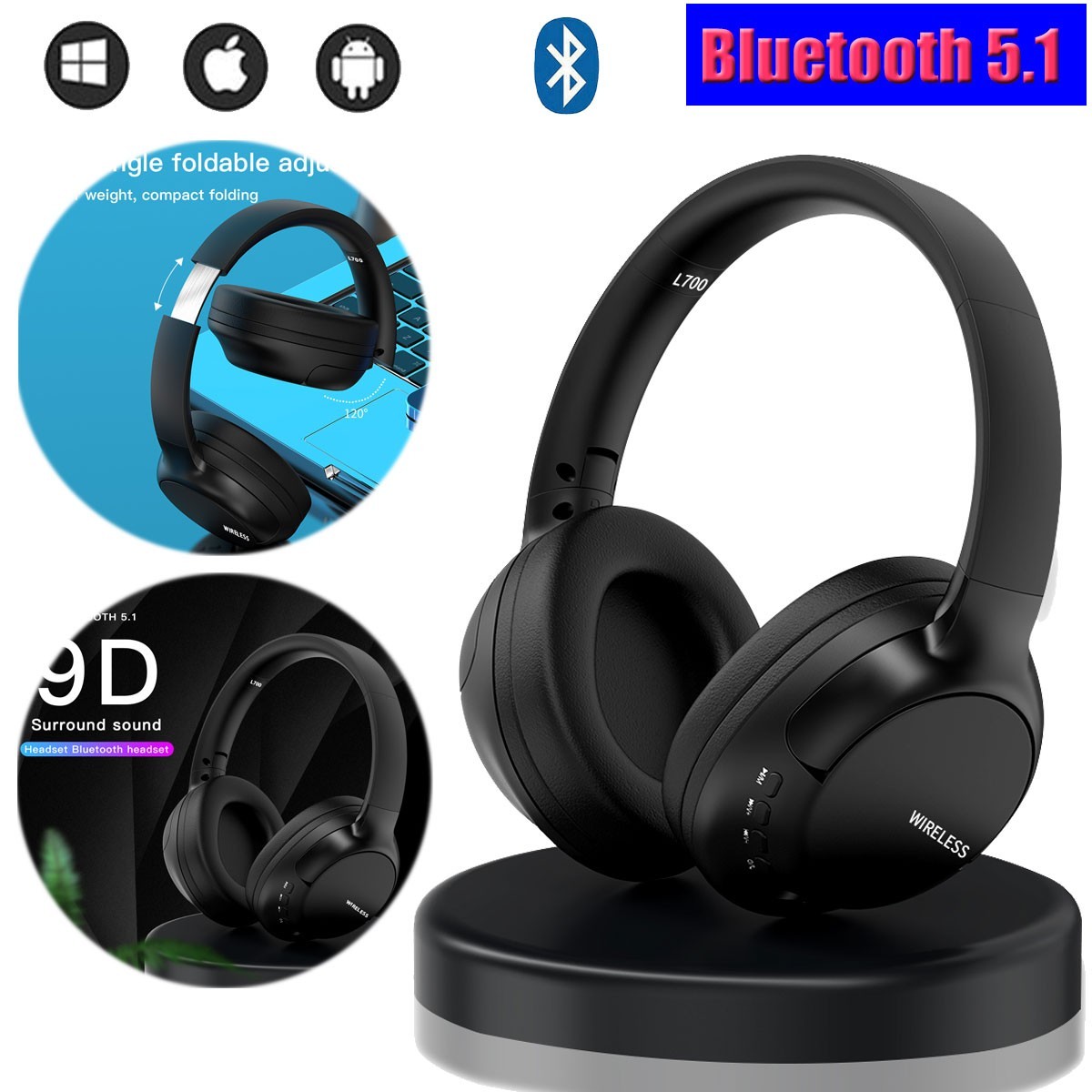 Wireless Bluetooth 5.1 Headphones Stereo Noise Cancelling Over the Ear Headset