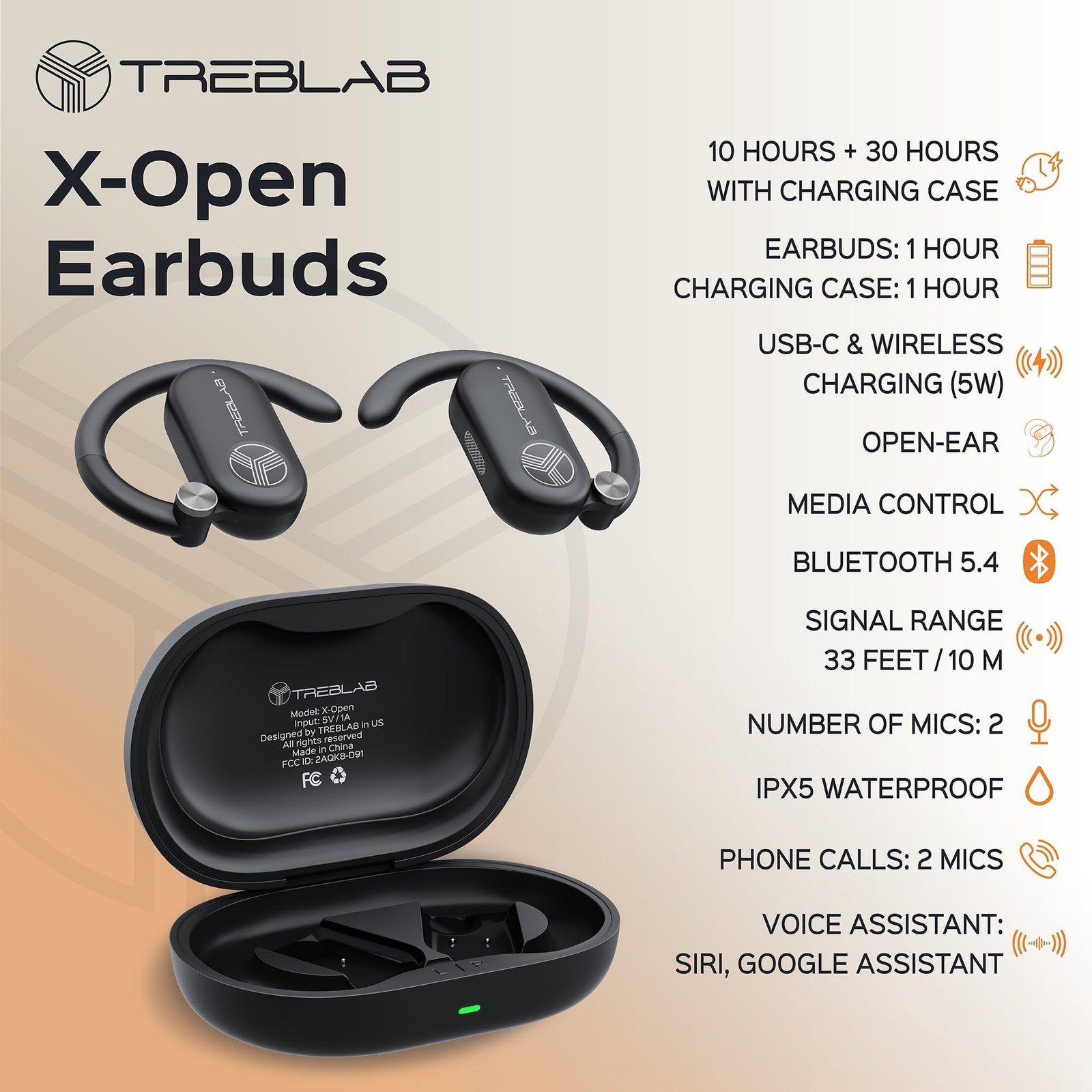 TREBLAB X-Open – True Open Ear Wireless Earbuds, Lightweight, 40H Playtime
