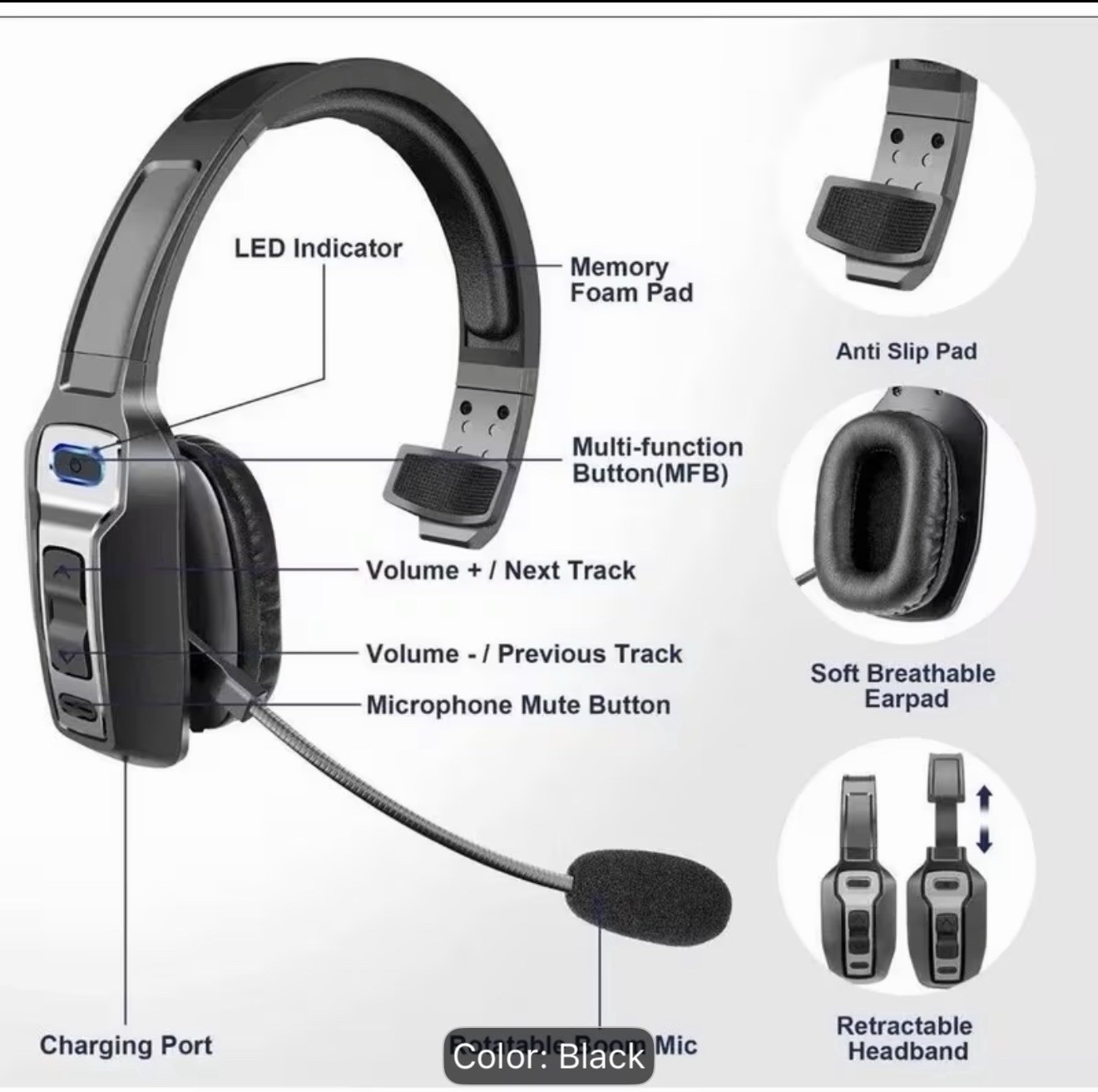 Bluetooth 5.2 On-Ear Single Headset Boom Mic Noise Canceling Black