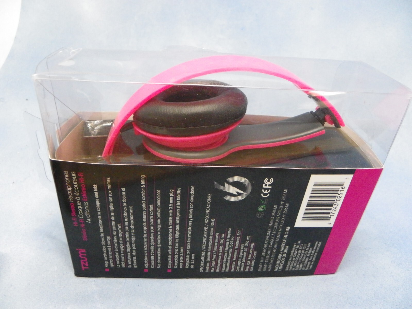 Tzumi Hi-Fi Stereo Headphones Foldable Pink Comp w/Smartphones & Tablets 3.5mm