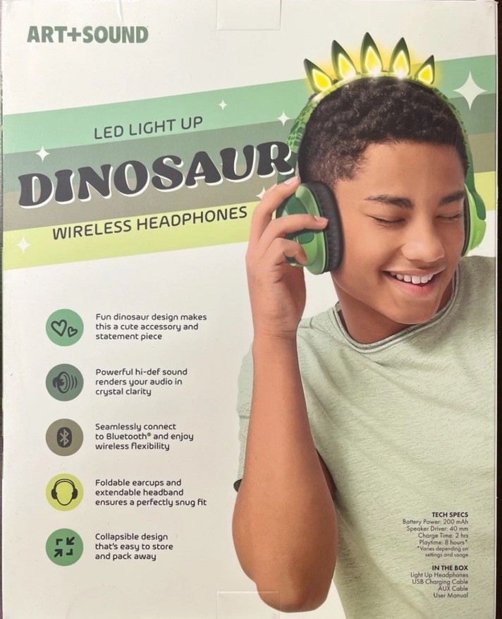 Art + Sound LED Light Up Dinosaur Wireless Headphones