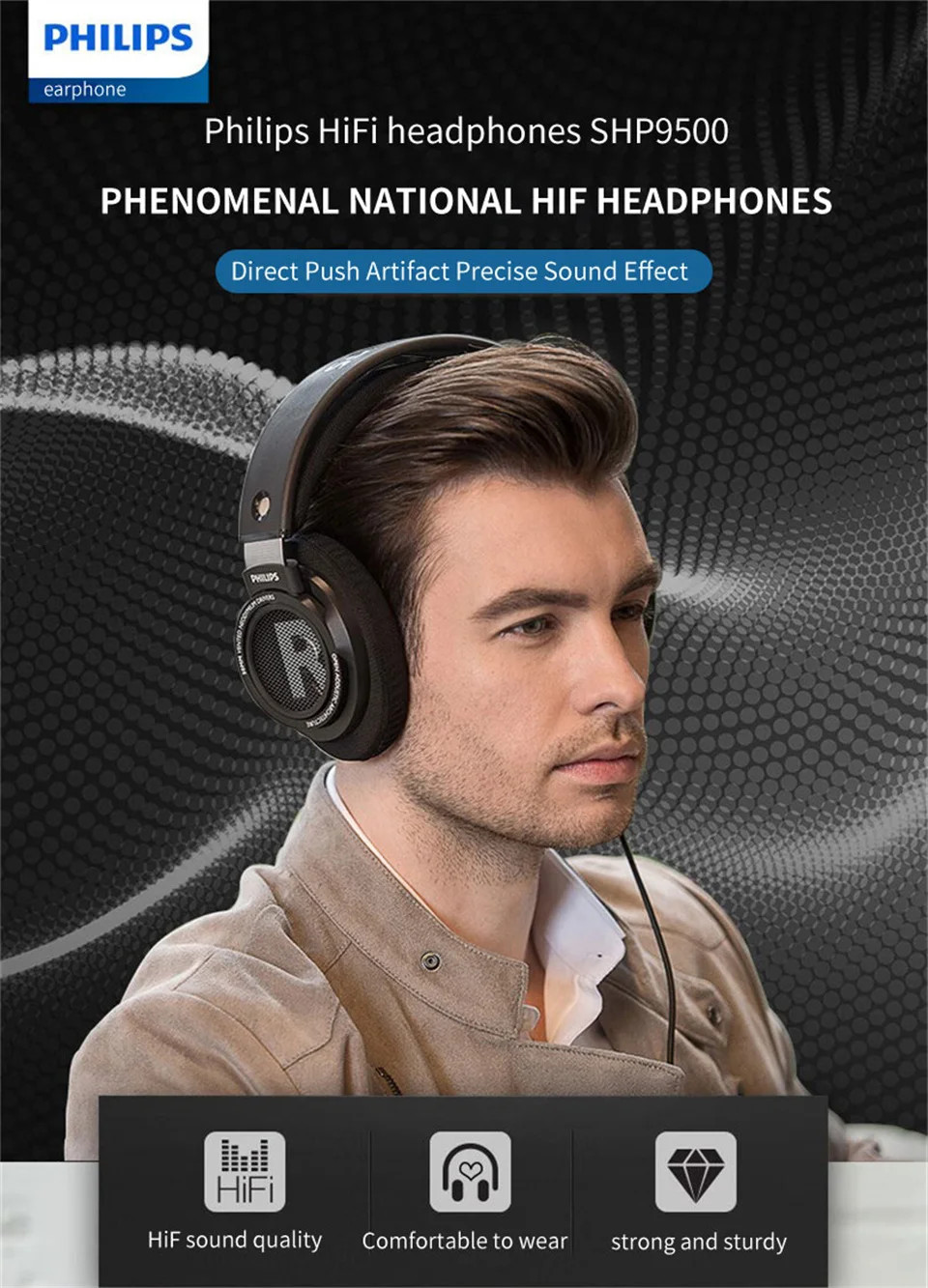 Philips Original SHP9500 Wired Headphones HiFi Stereo HD Microphone Call Earphone