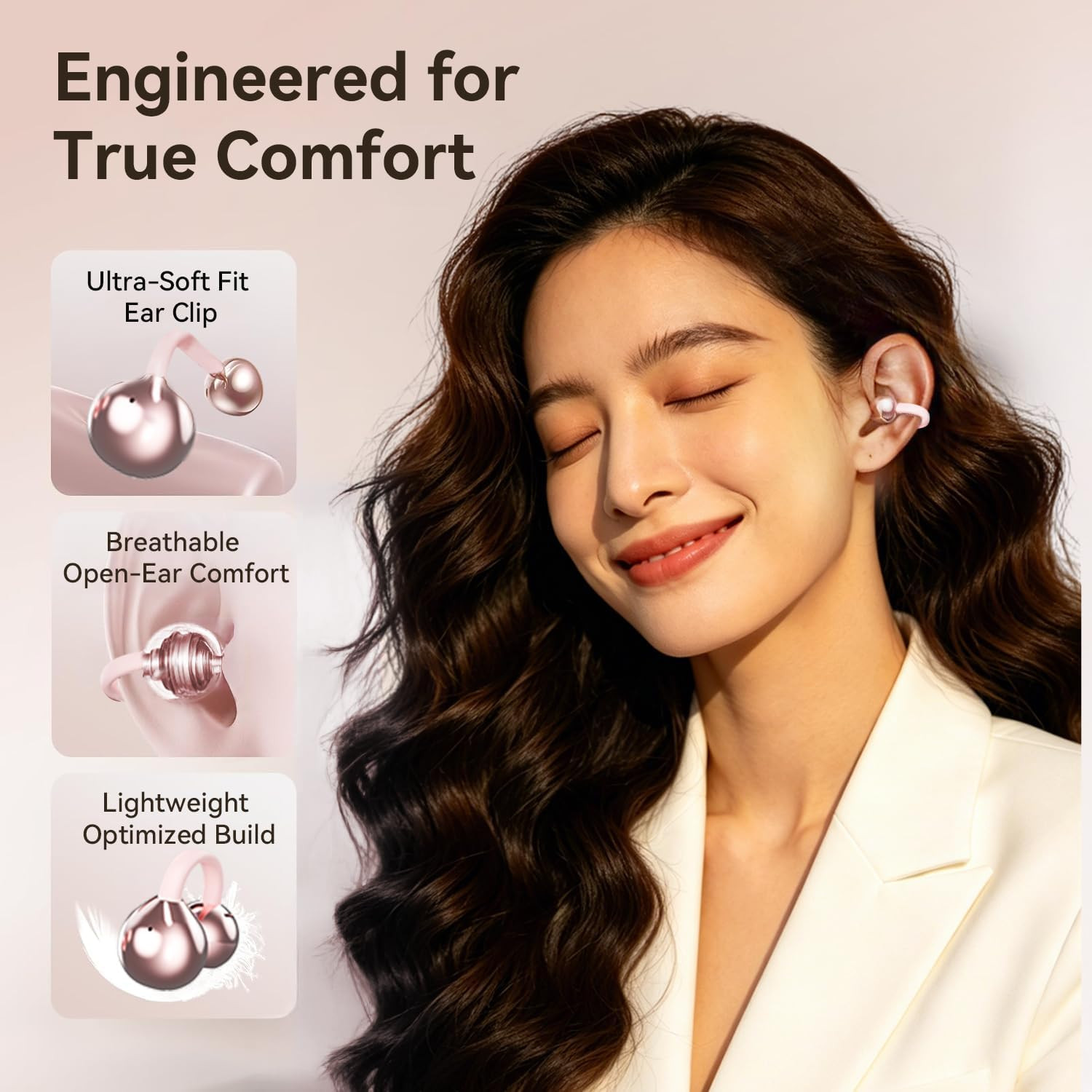 Bluetooth 6.0 Clip-On Earbuds for Women, Hi-Fi Sound, 40H Playtime