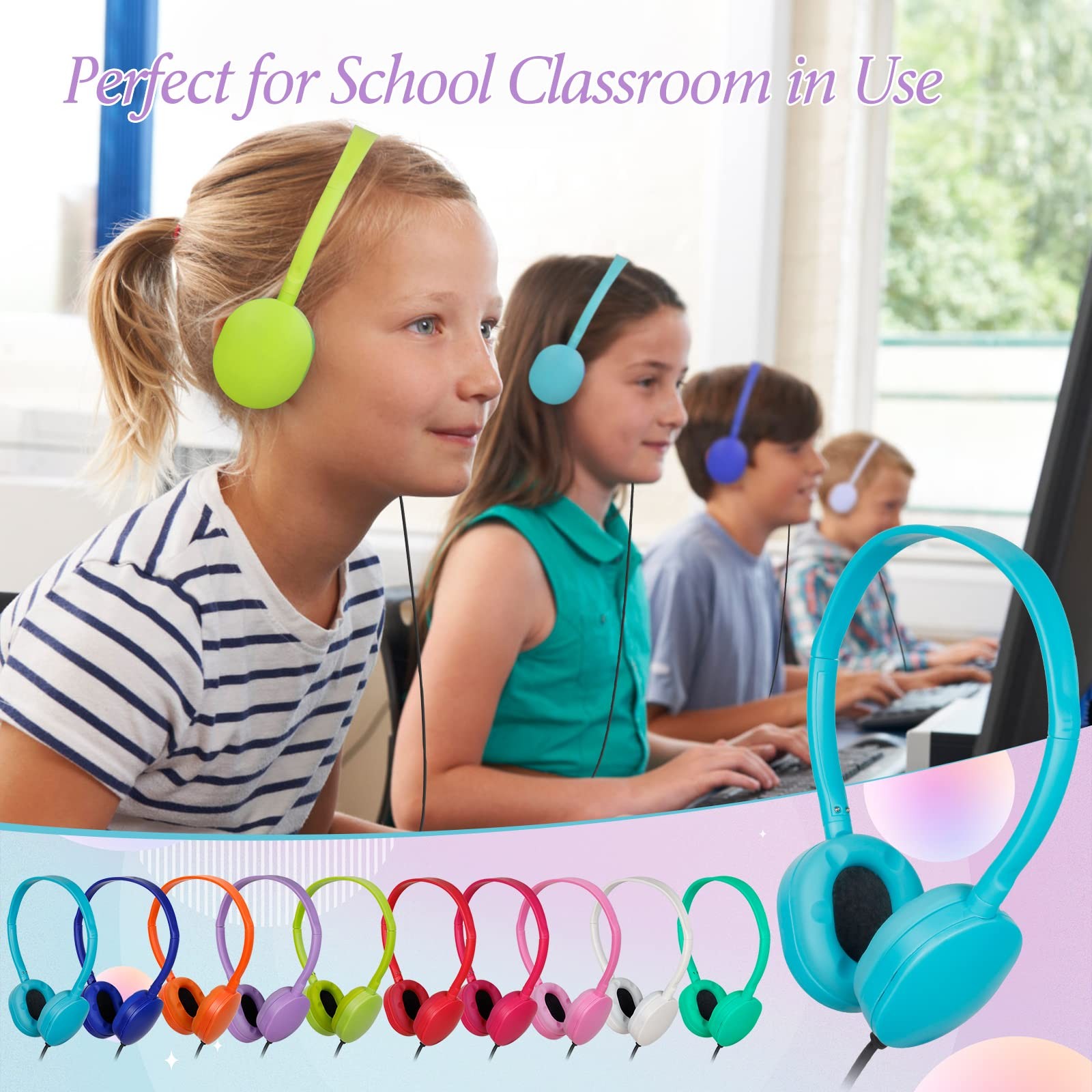 Headphones for Kids School Classroom Bulk 10 Pack Multi Colored,Wired Adjusta…