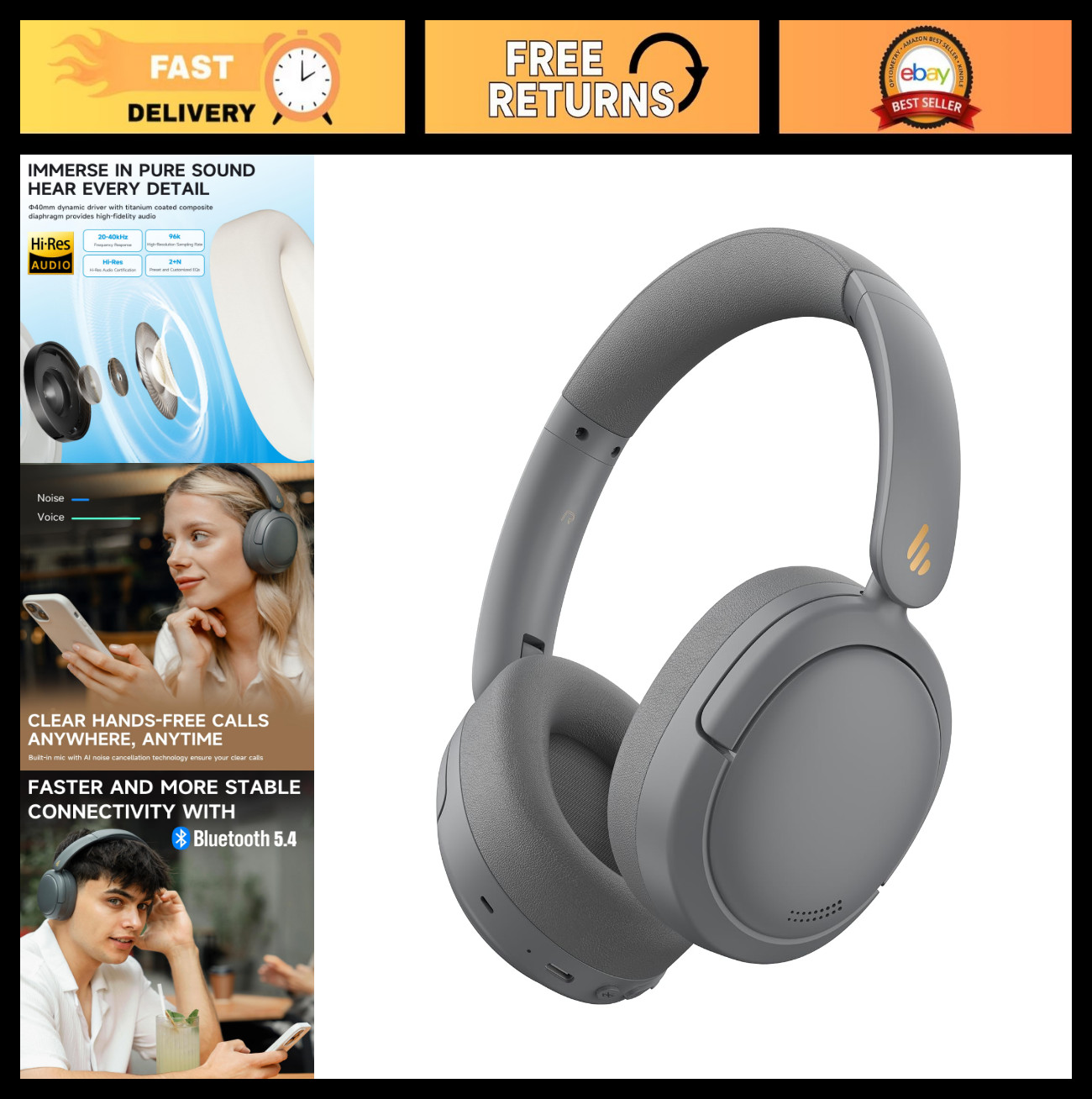 Wireless Over-Ear Headphones – Active Noise Cancelling, Hi-Res Audio, 45H Playti