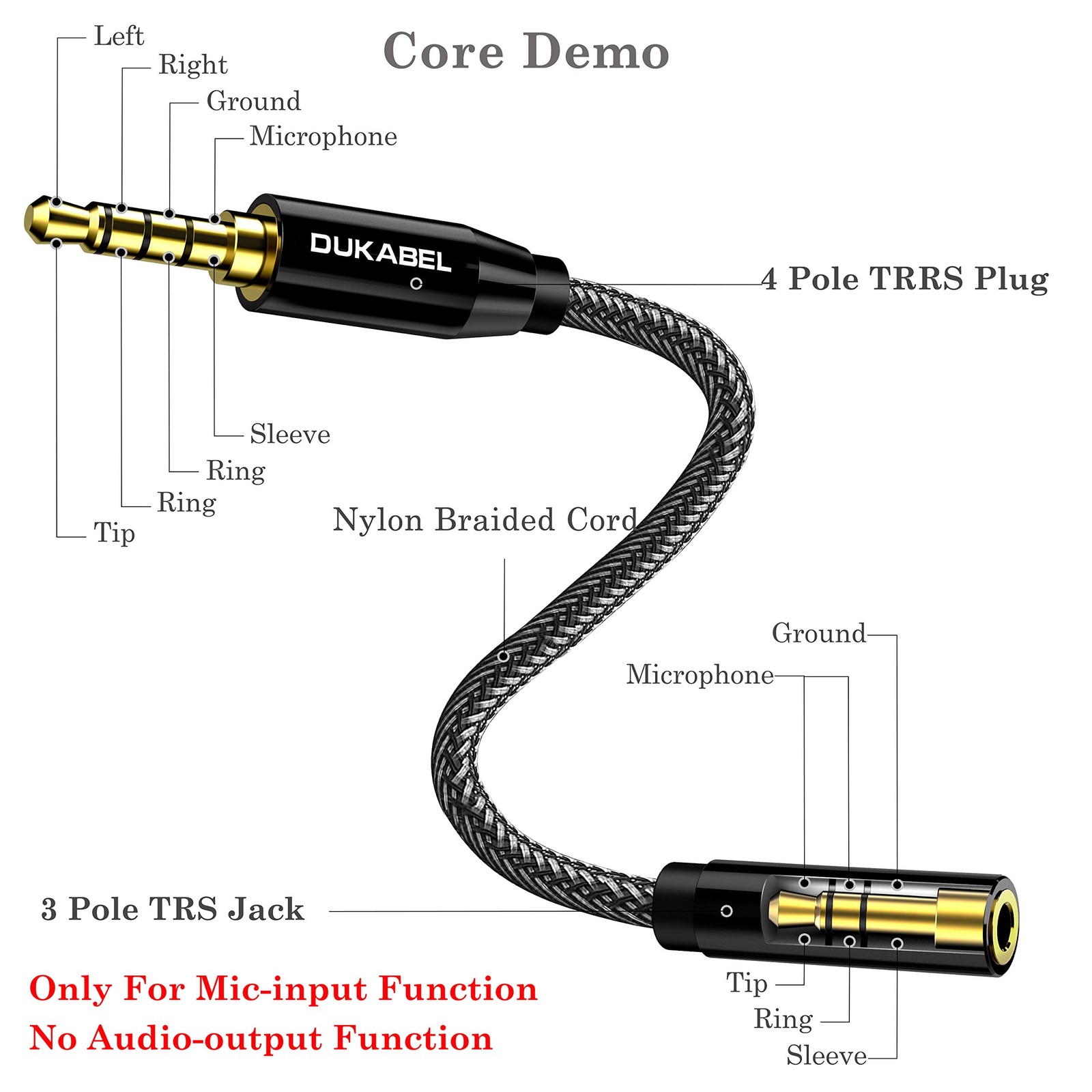 DUKABEL DC4 3.5mm TRS to TRRS Adapter Cable, Microphone Audio Adapter, TRS Femal