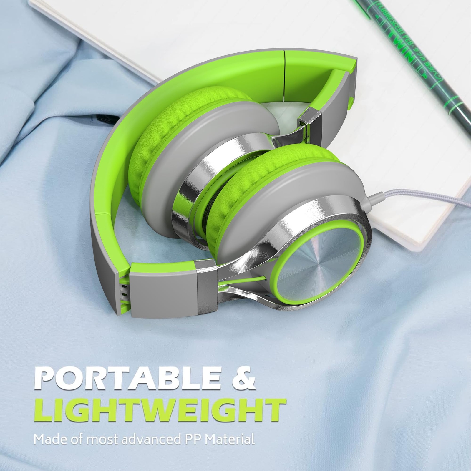 C8 Headphones Wired Grey/Green On-Ear Microphone Volume Control 3.5mm