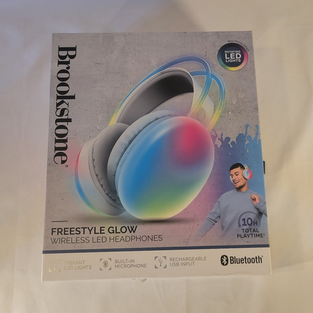 Brookstone Freestyle Glow Wireless LED Headphones Bluetooth Over-Ear White
