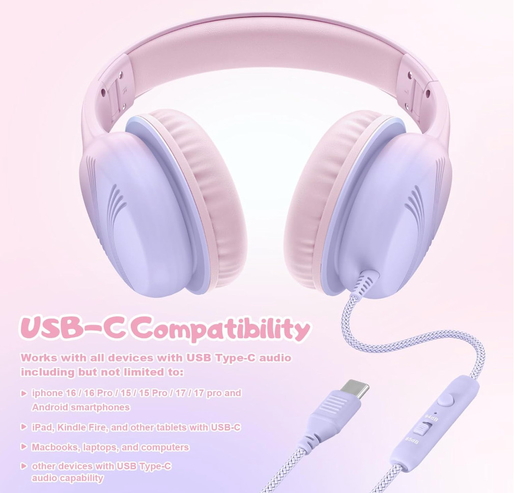 Kids USB-C Wired Over-the-Ear Headphones with Microphone, Volume Control/Limit