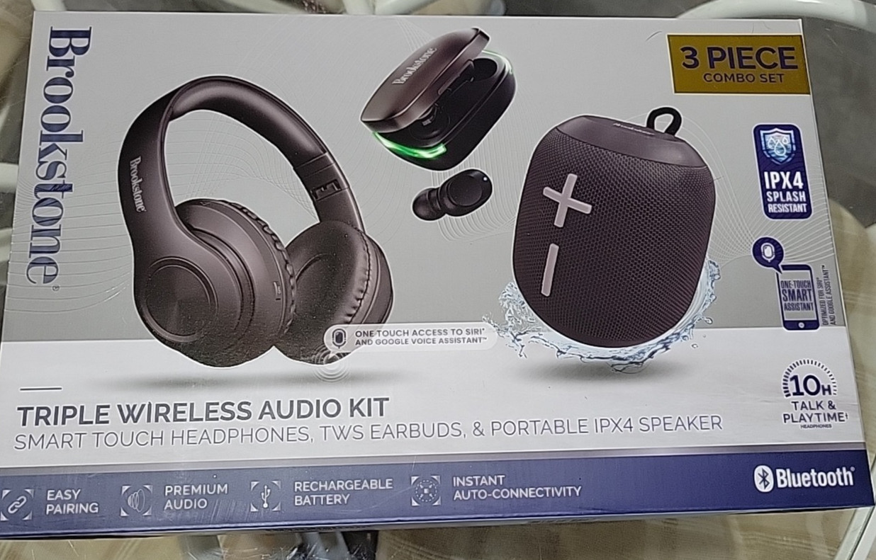 Brookstone Triple Wireless Audio Kit 12H Talk And Playtime Bluetooth 3 Pcs. NEW