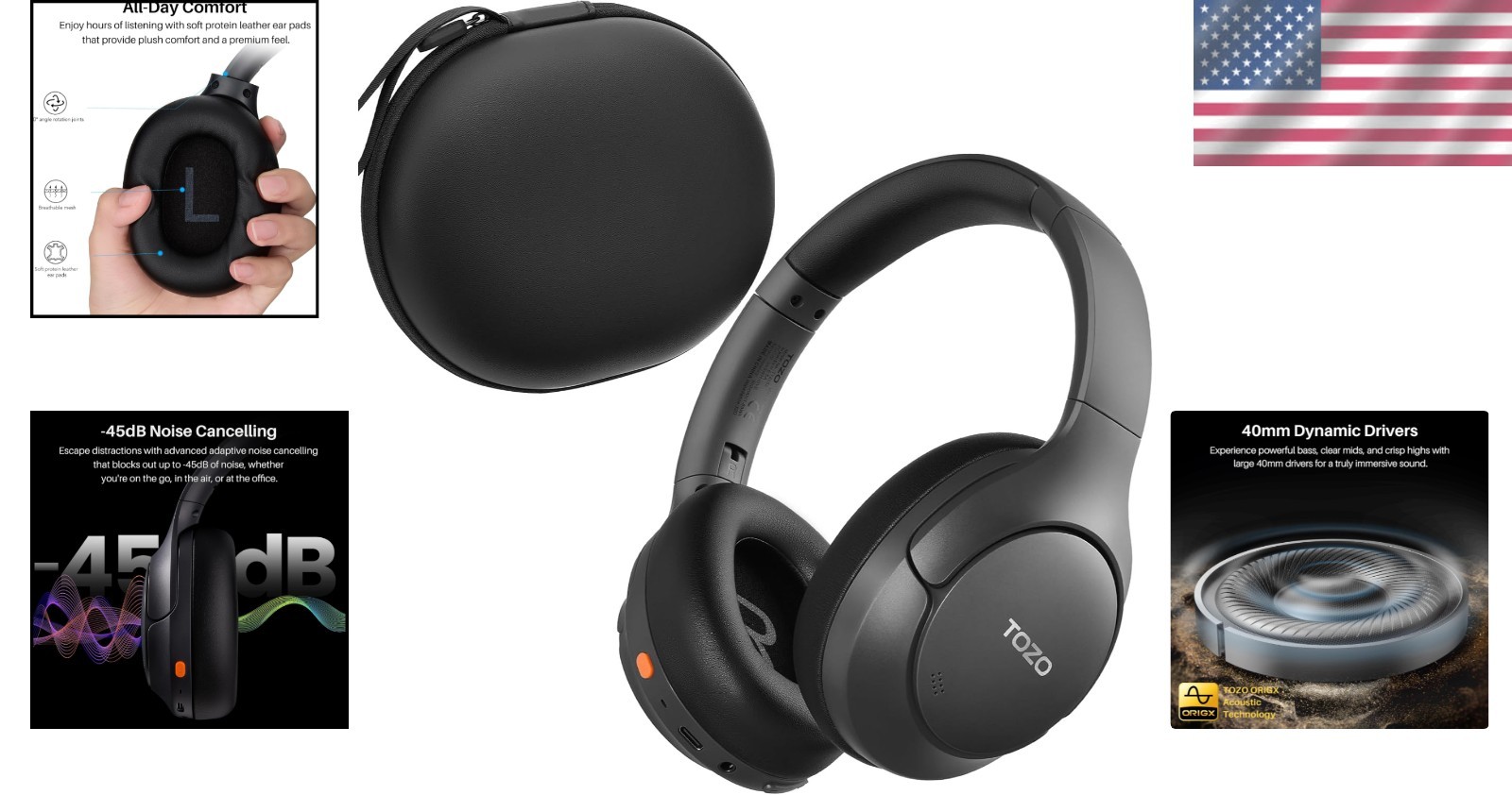 Tozo HT3 Over Ear Headphones: 90H Battery, Dual Device, Adaptive Noise Canc