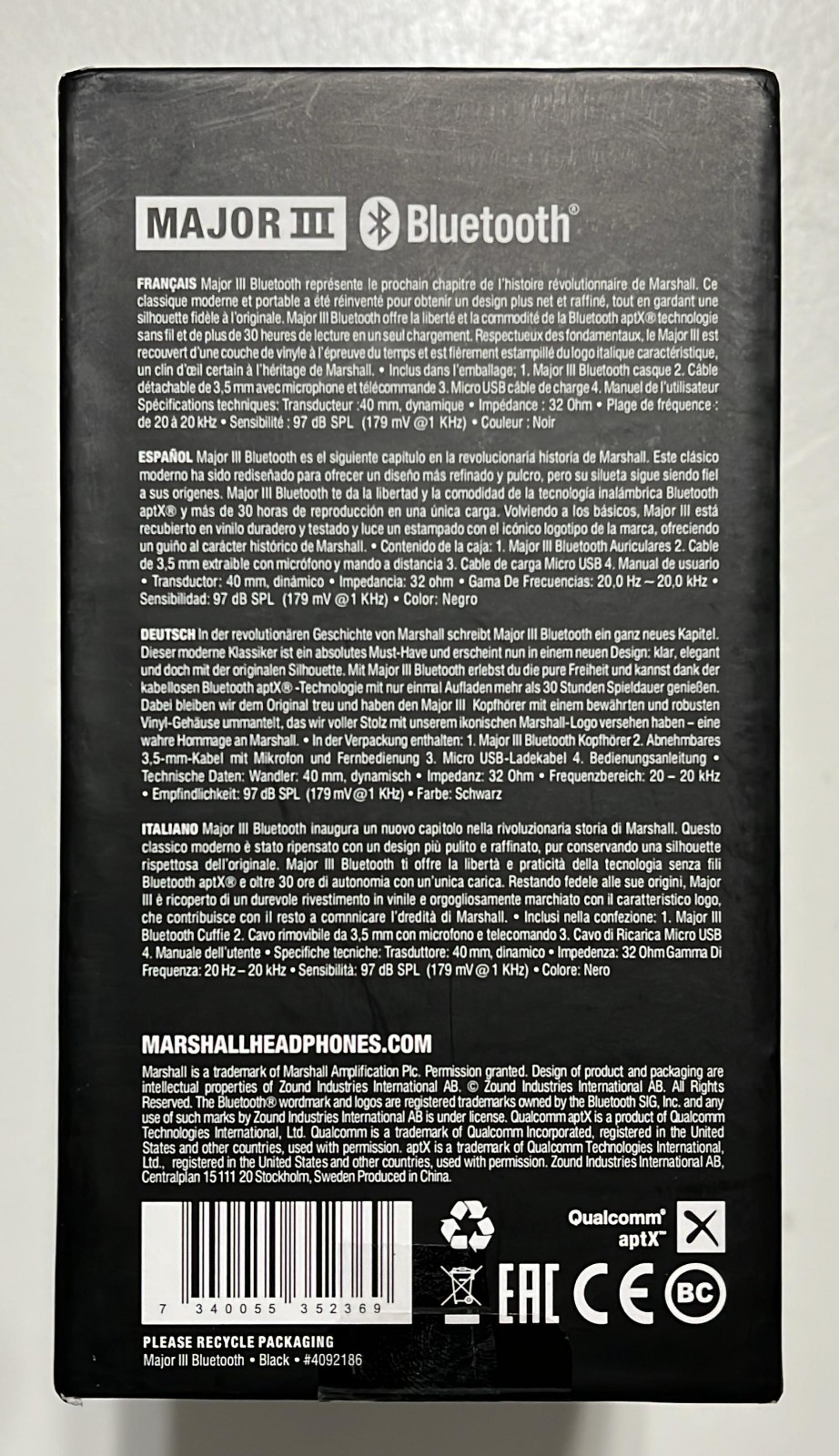 Marshall Major III Bluetooth Wireless On-Ear Headphone BLACK MAJOR 3