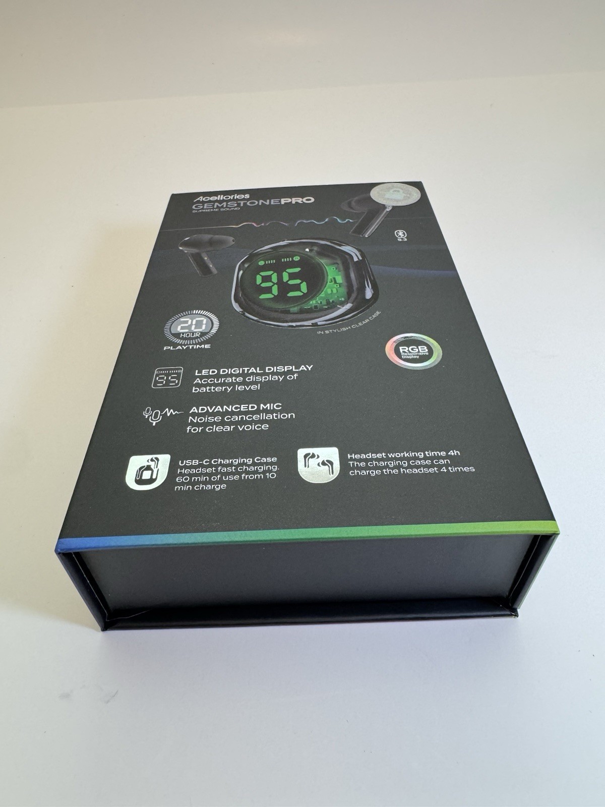 Acelloiries GemstonePro LED Digital Display Earbuds 20 Hours of Playtime Black