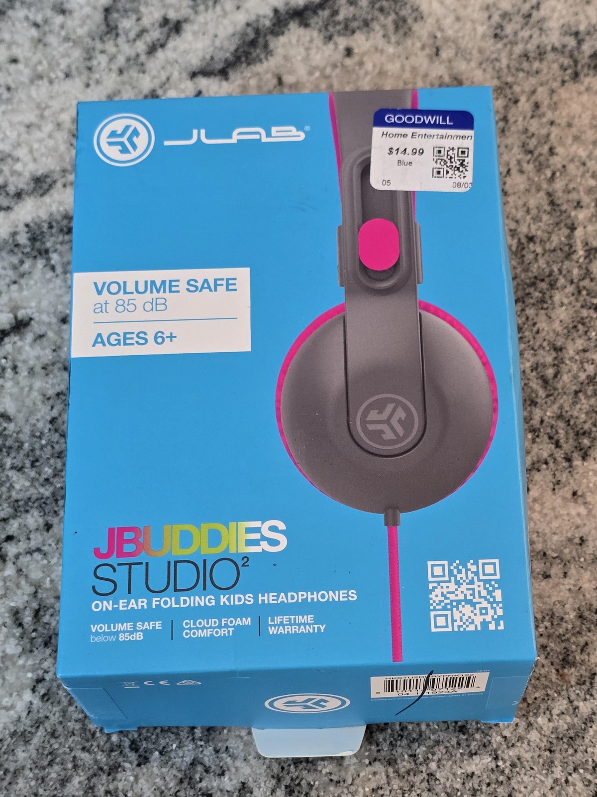 JLab JBuddies Studio2 Kids Headphones Pink Gray Volume Safe On Ear Foldable Mic