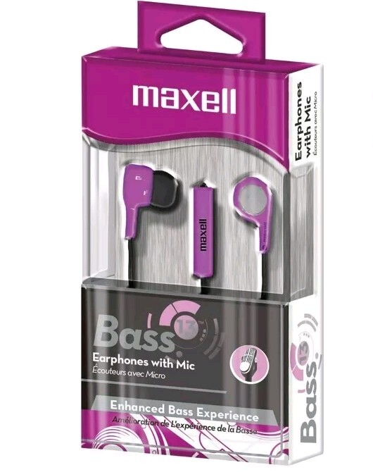 Maxell Bass 13 Earphones with Mic Enhanced Bass Experience Purple Black NEW