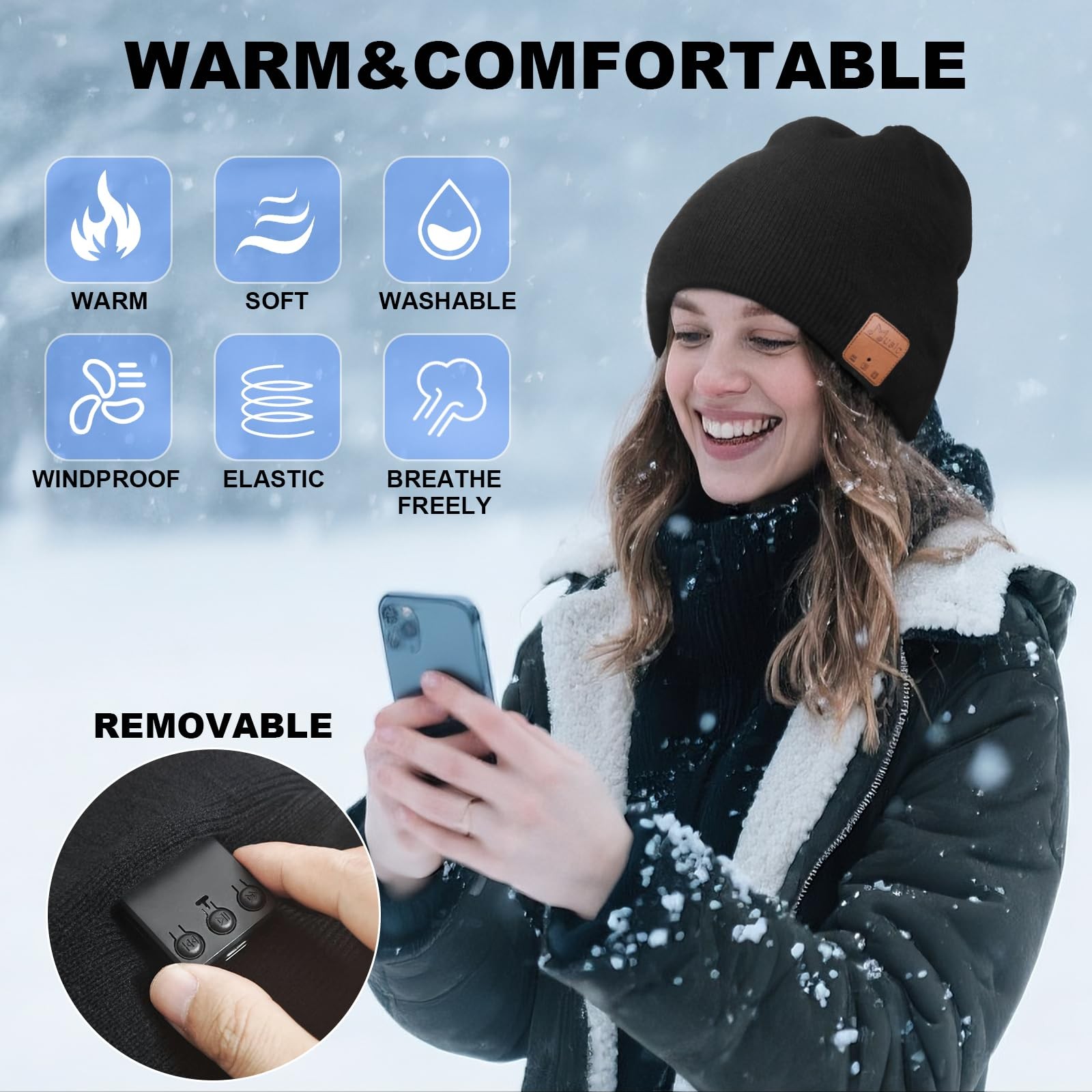 Rotibox Wireless Bluetooth Beanie Hat with Headphone One Size, Bb001-black