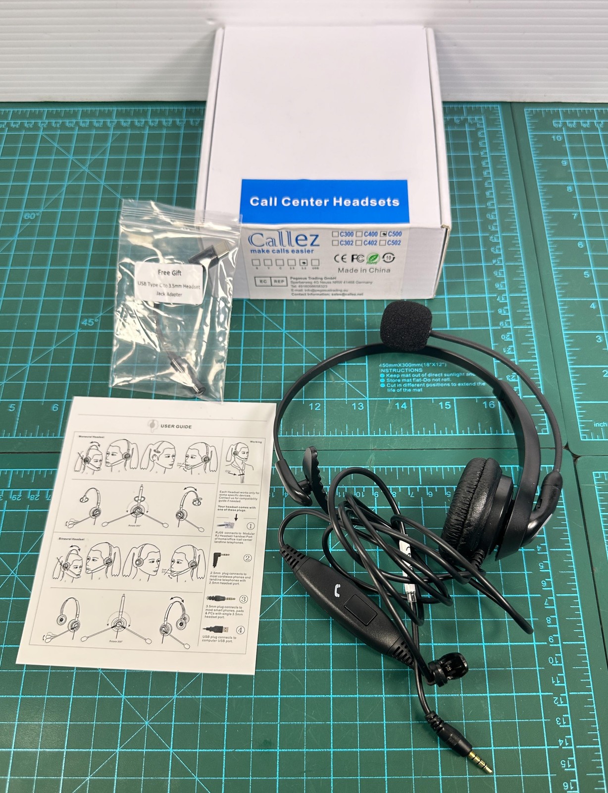 Callez Call Center Headset Black On-Ear Wired 3.5mm USB-C Inline Boom Mic