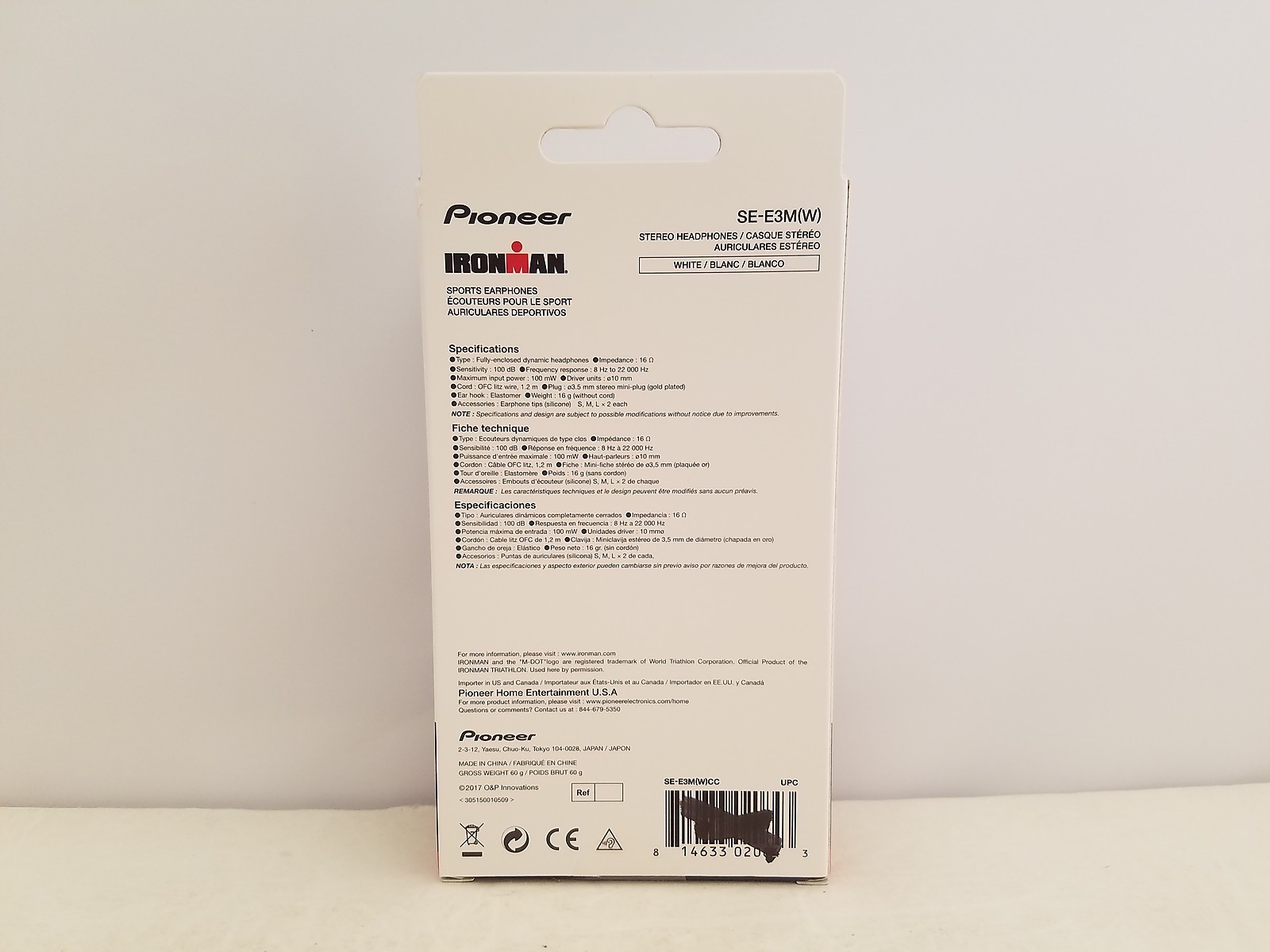 Pioneer IRONMAN E3 Sports Earphones | White | SE-E3M(W) | SE-E3M(W)CC | Large