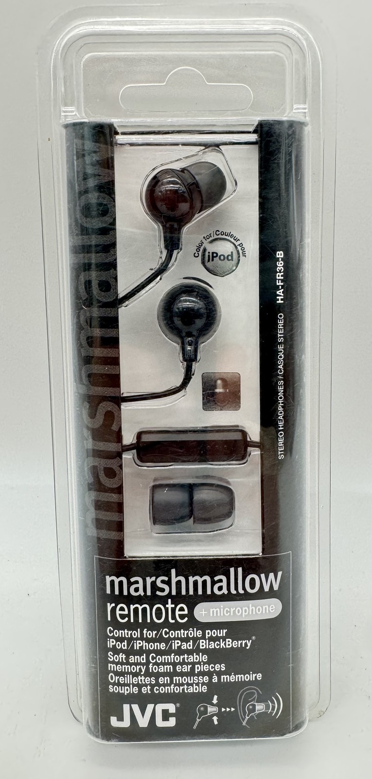 JVC Marshmallow Remote HA-FR36-B In-Ear Headphones with Mic for iPhone iPod iPad