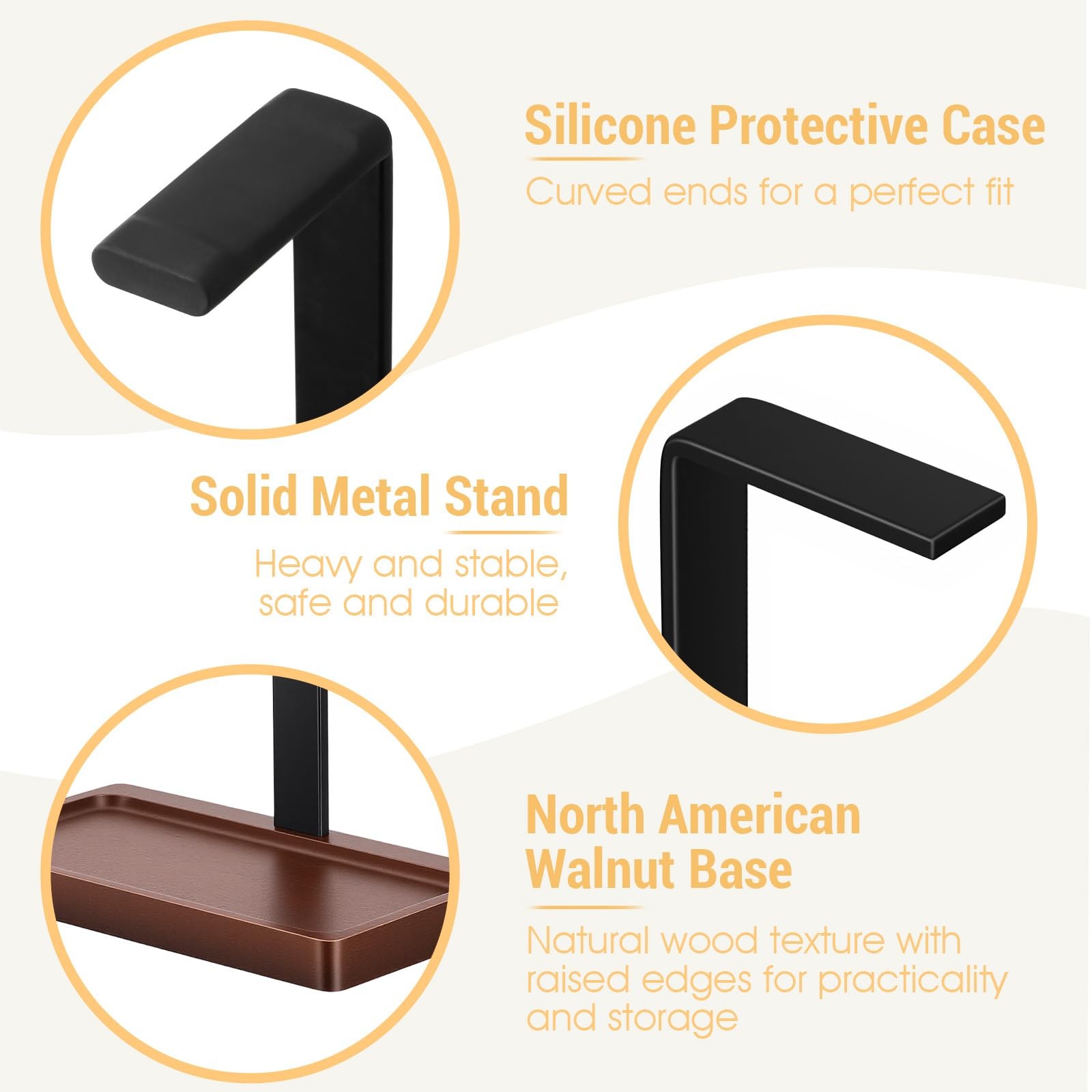 Dark Brown Walnut Wood Headset Holder Desktop Stand With Storage Base Gaming