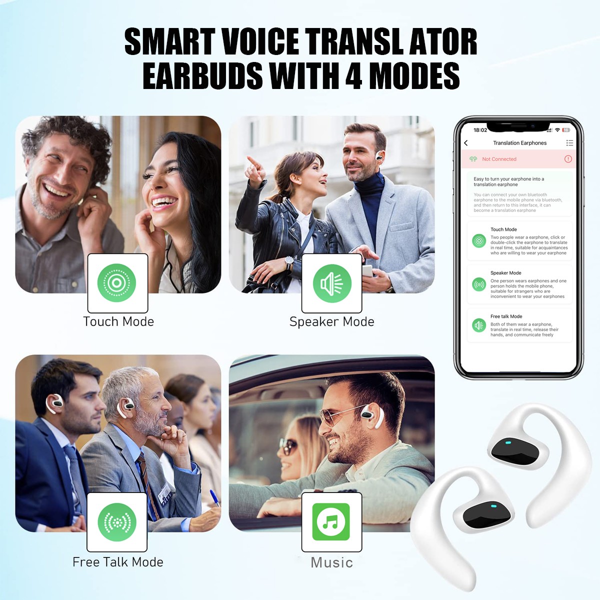 155+Languages Translator Earbuds Real Time Translator Earphones Smart Voice