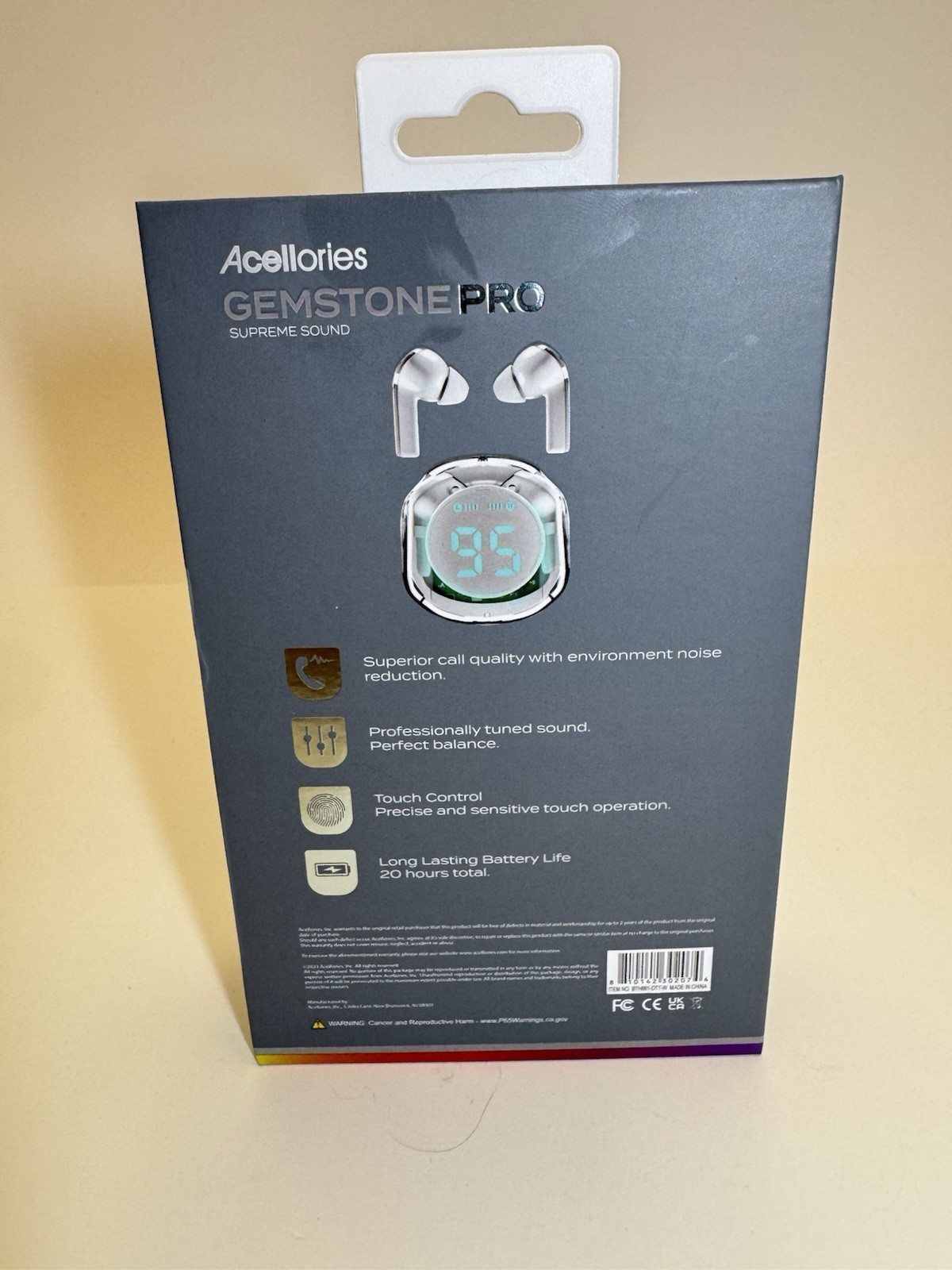 Acelloiries GemstonePro LED Digital Display Earbuds 20 Hours of Playtime White