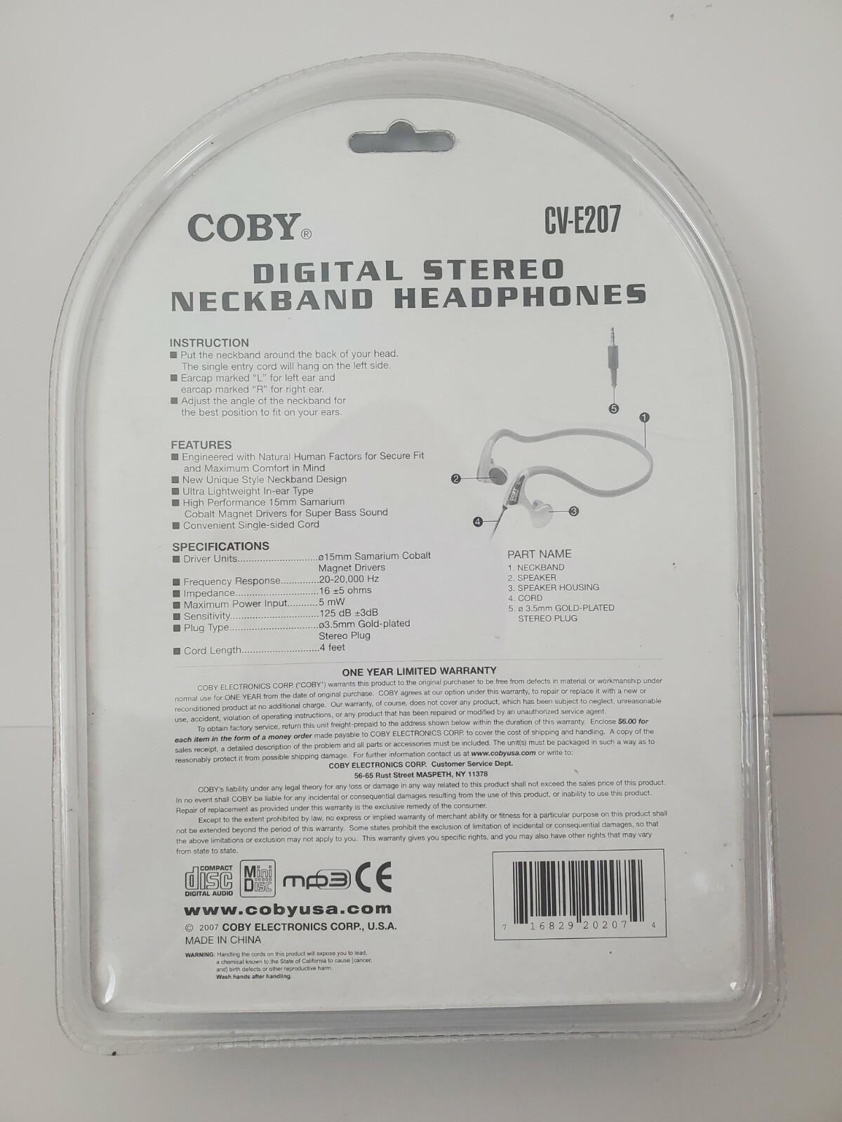 COBY CV-E207 DIGITAL STEREO NECKBAND IN-EAR HEADPHONES NOS