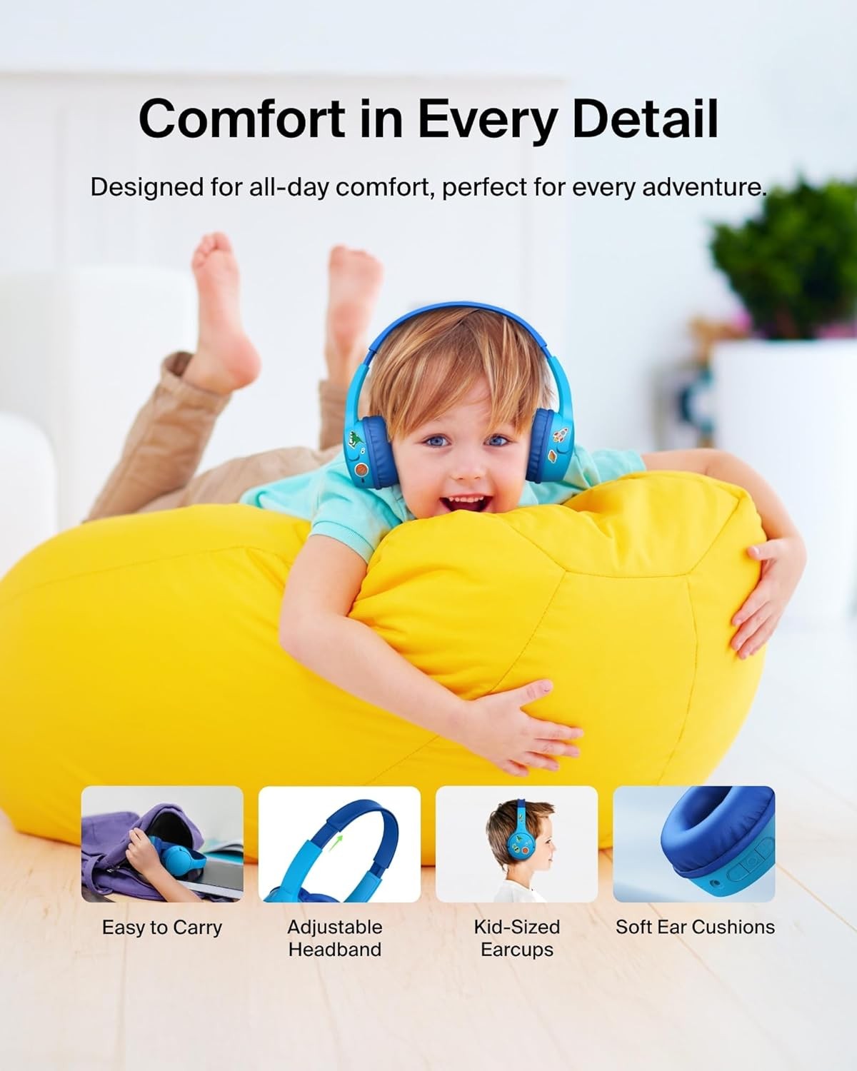 Belkin Wireless Kids Headphones, Volume Limited, 30H Fast Charge, School, Blue