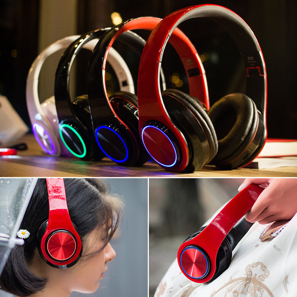 Wireless Foldable LED Flashing Stereo Bluetooth Headphone Heavy Bass With Mic US