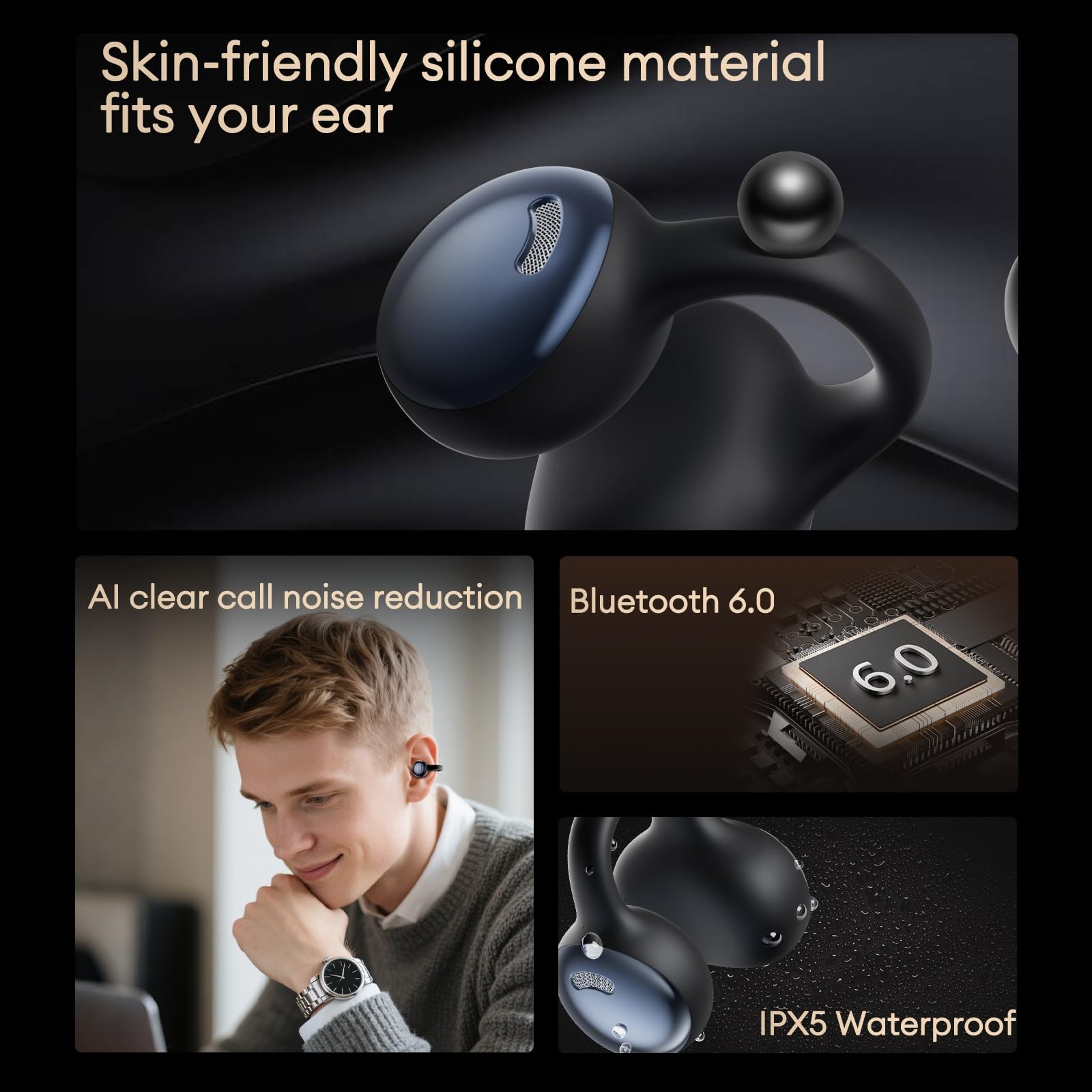 PAXA Clip On Earbuds,Open Ear Bluetooth 6.0 Wireless Headphones,12mm Black