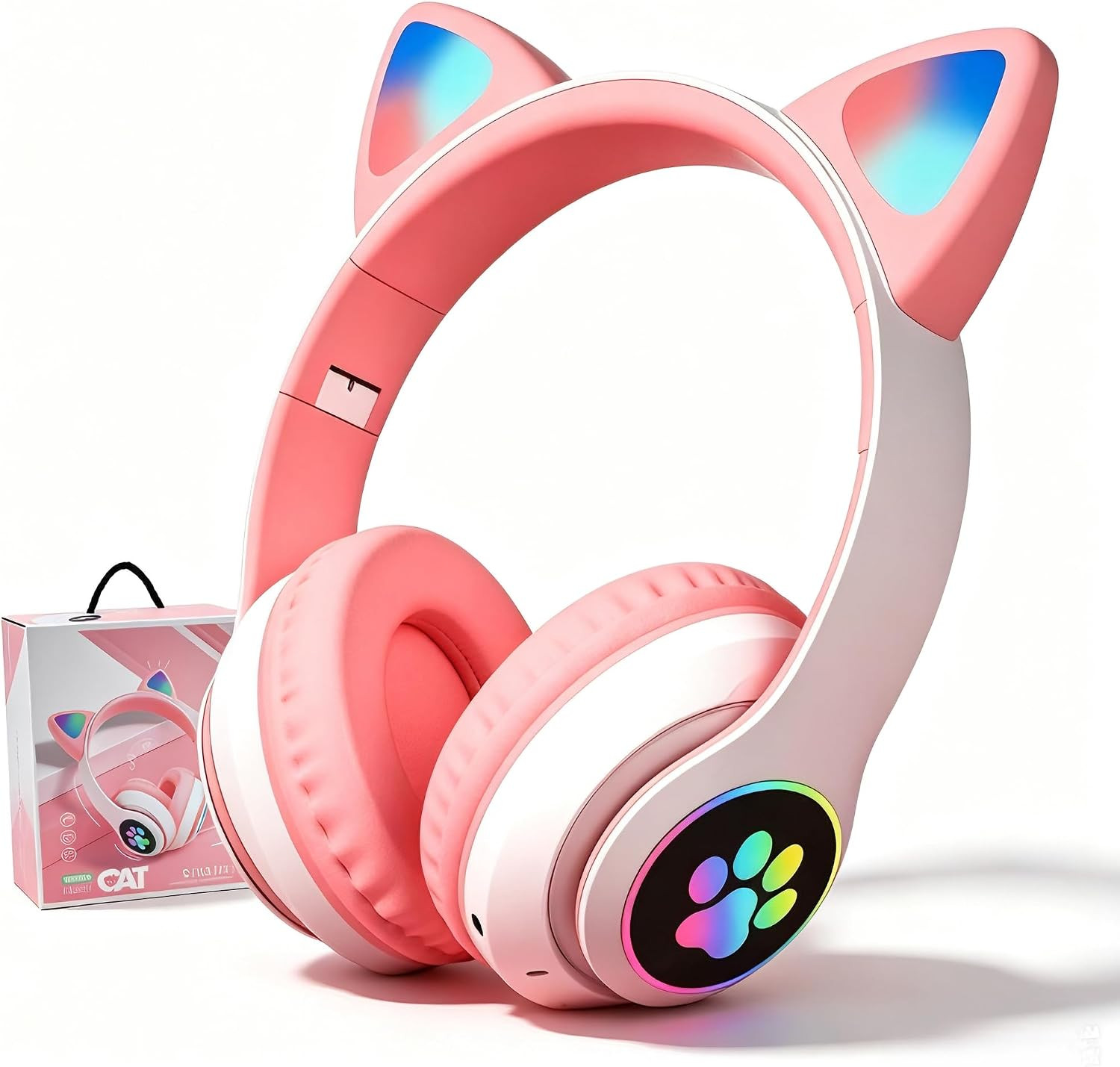 Cat Ear Bluetooth Headphones LED Wireless Foldable Over Ear Kids Adults White