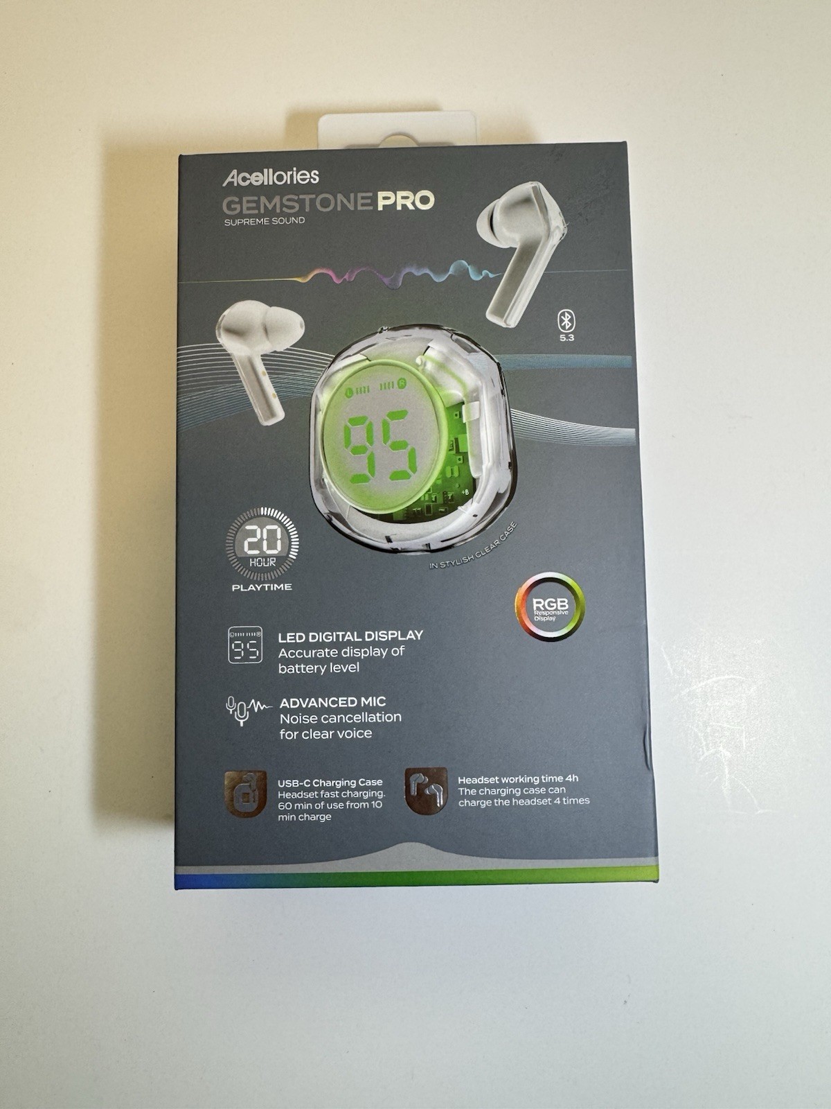Acelloiries GemstonePro LED Digital Display Earbuds 20 Hours of Playtime White