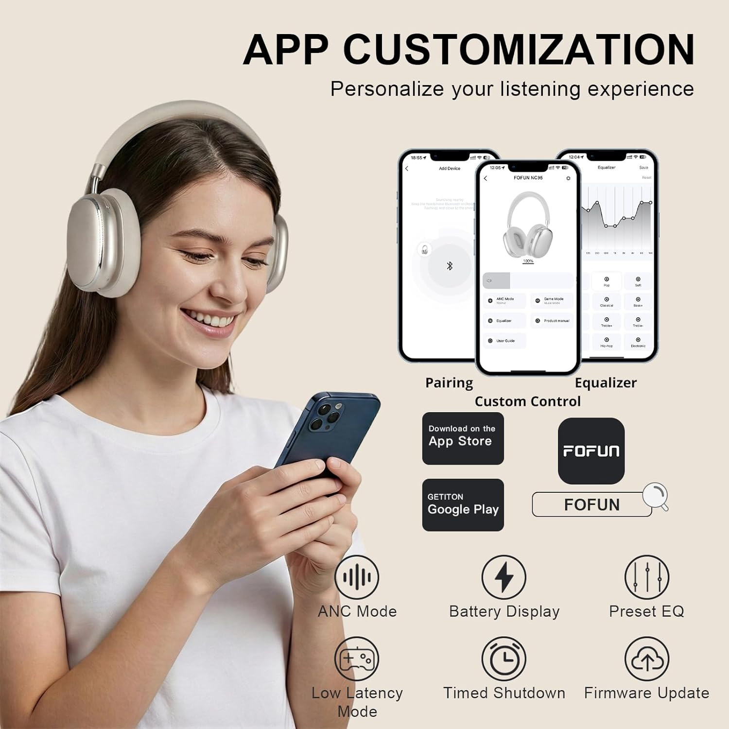 NC95 Hybrid Active Noise Cancelling Headphones with Knob Control, 120H Playtime