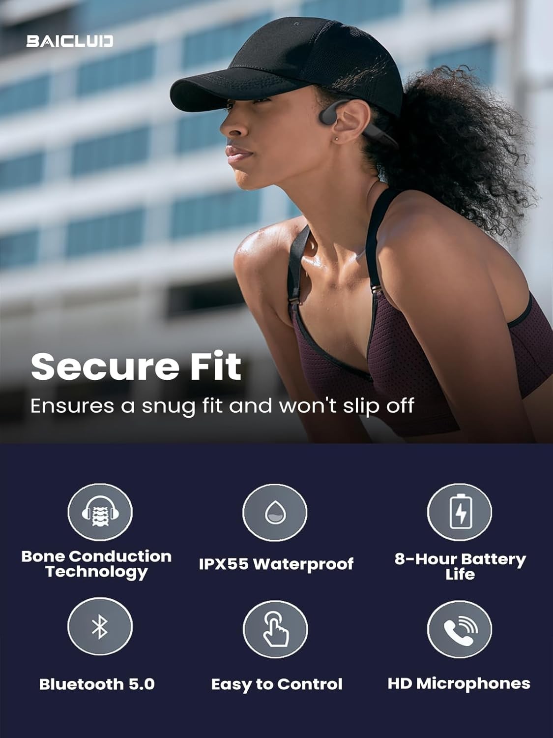 BAICLUD Bone Conduction Waterproof Workout Headphones with Microphones Brand New